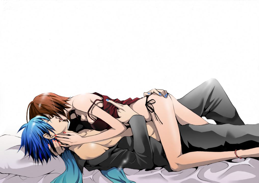 hakuseki, kaito (vocaloid), meiko (vocaloid), vocaloid, bad id, bad pixiv id, 1boy, 1girl, bed, bikini, blue hair, blue nails, breasts, brown hair, camisole, cleavage, couple, girl on top, hetero, lying, nail polish, orange nails, pillow, scarf, short hair, side-tie bikini bottom, swimsuit