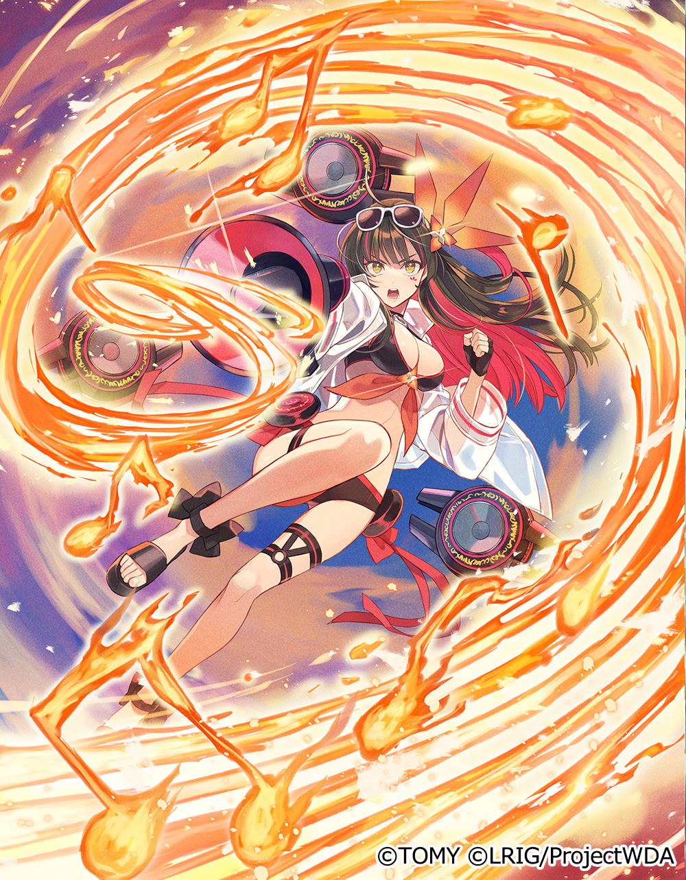 yuko (uc yuk), yuzuki (wixoss), wixoss, highres, official art, 1girl, bikini, black bikini, black gloves, black sandals, breasts, brown hair, cleavage, colored inner hair, copyright notice, fingerless gloves, flower, gloves, hair flower, hair ornament, holding, holding megaphone, jacket, looking at viewer, medium breasts, megaphone, multicolored hair, musical note, o-ring, o-ring thigh strap, open mouth, red hair, sandals, see-through clothes, see-through jacket, solo, swimsuit, thigh strap, white jacket, yellow eyes