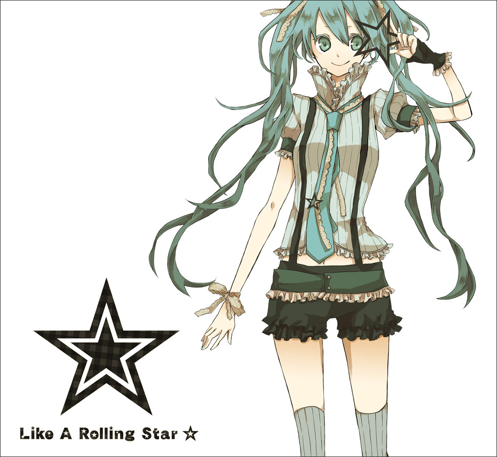 buzz (moi), hatsune miku, like a rolling star (vocaloid), vocaloid, bad id, bad pixiv id, 1girl, album cover, aqua eyes, aqua hair, cover, female focus, frills, hair ribbon, long hair, necktie, ribbon, shorts, smile, solo, suspenders, thighhighs, twintails