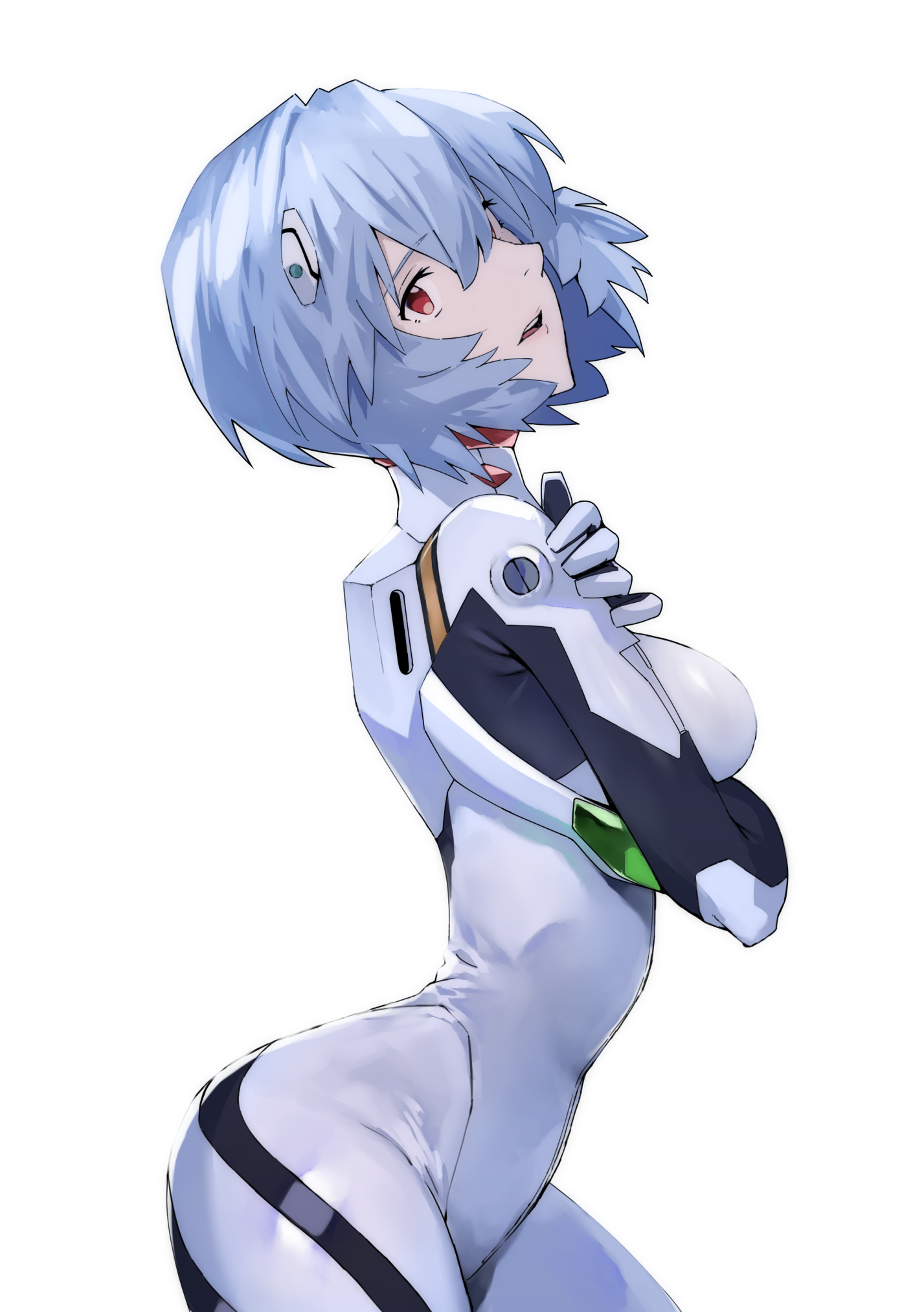 yagisawa teru, ayanami rei, neon genesis evangelion, commentary, highres, 1girl, blue hair, bodysuit, breasts, cowboy shot, from side, hair between eyes, hands on own shoulders, interface headset (evangelion), looking at viewer, looking to the side, mecha pilot suit, medium breasts, narrow waist, pale skin, parted lips, plugsuit (evangelion), red eyes, short hair, simple background, solo, white background, white bodysuit