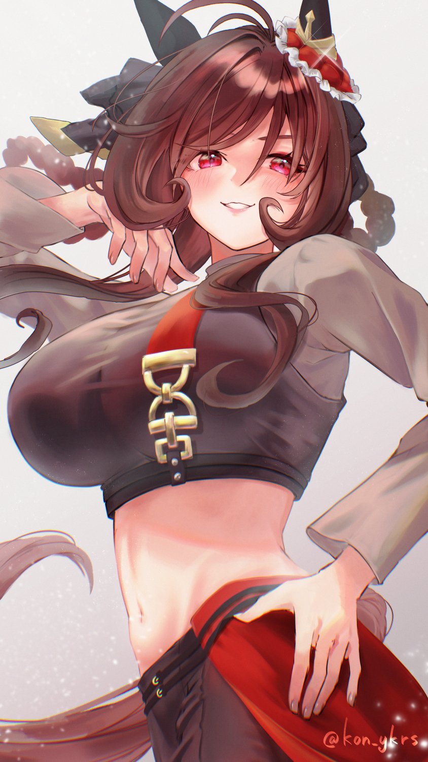 kitsune yuki, gentildonna (umamusume), umamusume, highres, 1girl, alternate costume, animal ears, braid, braided hair rings, brown hair, ear covers, hair rings, heart-shaped ornament, heart ear ornament, horse ears, horse girl, horse tail, navel, solo, tail