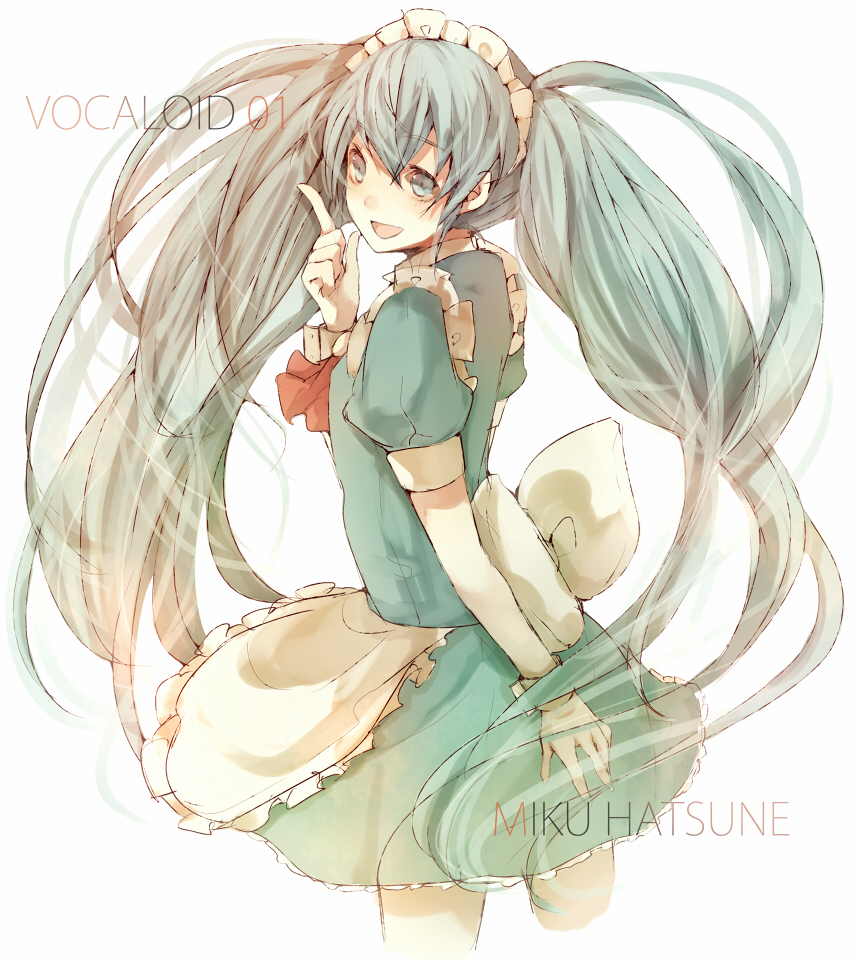 tetsuo (tashirosu), hatsune miku, vocaloid, bad id, bad pixiv id, alternate costume, apron, aqua eyes, aqua hair, enmaided, hairband, long hair, maid, maid apron, ribbon, smile, solo, twintails