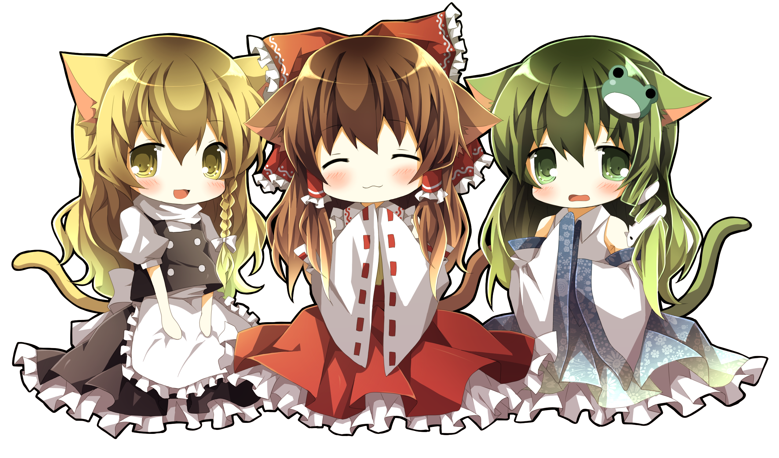 chiruku, hakurei reimu, kirisame marisa, kochiya sanae, touhou, bad id, bad pixiv id, highres, 3girls, animal ears, blouse, cat ears, cat girl, cat tail, chibi, collared shirt, detached sleeves, female focus, hair between eyes, japanese clothes, kemonomimi mode, miko, multiple girls, shirt, sleeveless, sleeveless shirt, tail, white shirt