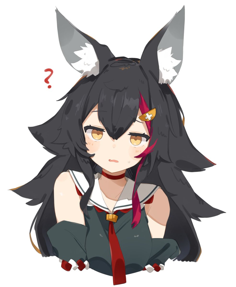 tntl nemui, ookami mio, ookami mio (1st costume), hololive, commentary, highres, 1girl, ?, animal ear fluff, animal ears, bare shoulders, black hair, black shirt, black sleeves, breasts, choker, collarbone, confused, crossed bangs, detached sleeves, dot nose, double-parted bangs, fang, flipped hair, hair between eyes, hair ornament, hairclip, kouhaku nawa, light blush, long hair, long sidelocks, looking at viewer, medium breasts, multicolored hair, necktie, open mouth, raised eyebrow, red choker, red hair, red necktie, red trim, rope, sailor collar, shimenawa, shirt, sidelocks, simple background, skin fang, sleeveless, sleeveless shirt, solo, spiked hair, streaked hair, sweatdrop, two-tone hair, upper body, very long hair, virtual youtuber, white background, white sailor collar, wolf ears, wolf girl, yellow eyes