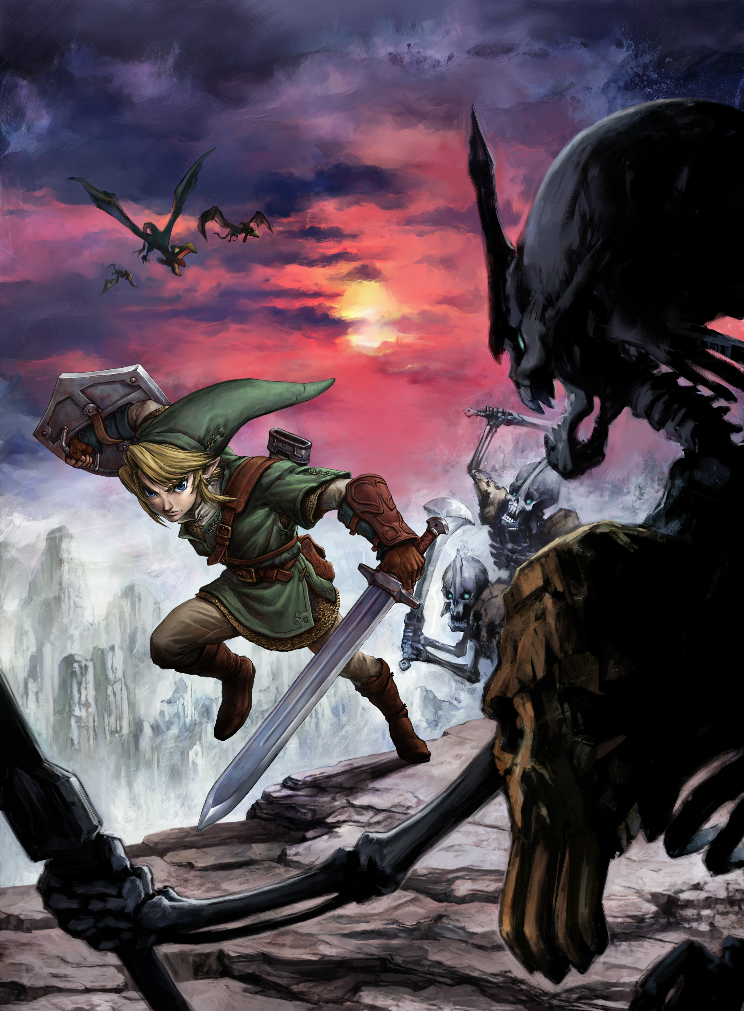 link, nintendo, the legend of zelda, green headwear, absurdres, highres, official art, 1boy, blonde hair, blue eyes, boots, cloud, cloudy sky, dragon, earrings, hat, helmet, holding, holding sword, holding weapon, hylian shield, jewelry, shadow, shield, short sleeves, skeleton, sky, sun, sword, weapon, wyvern
