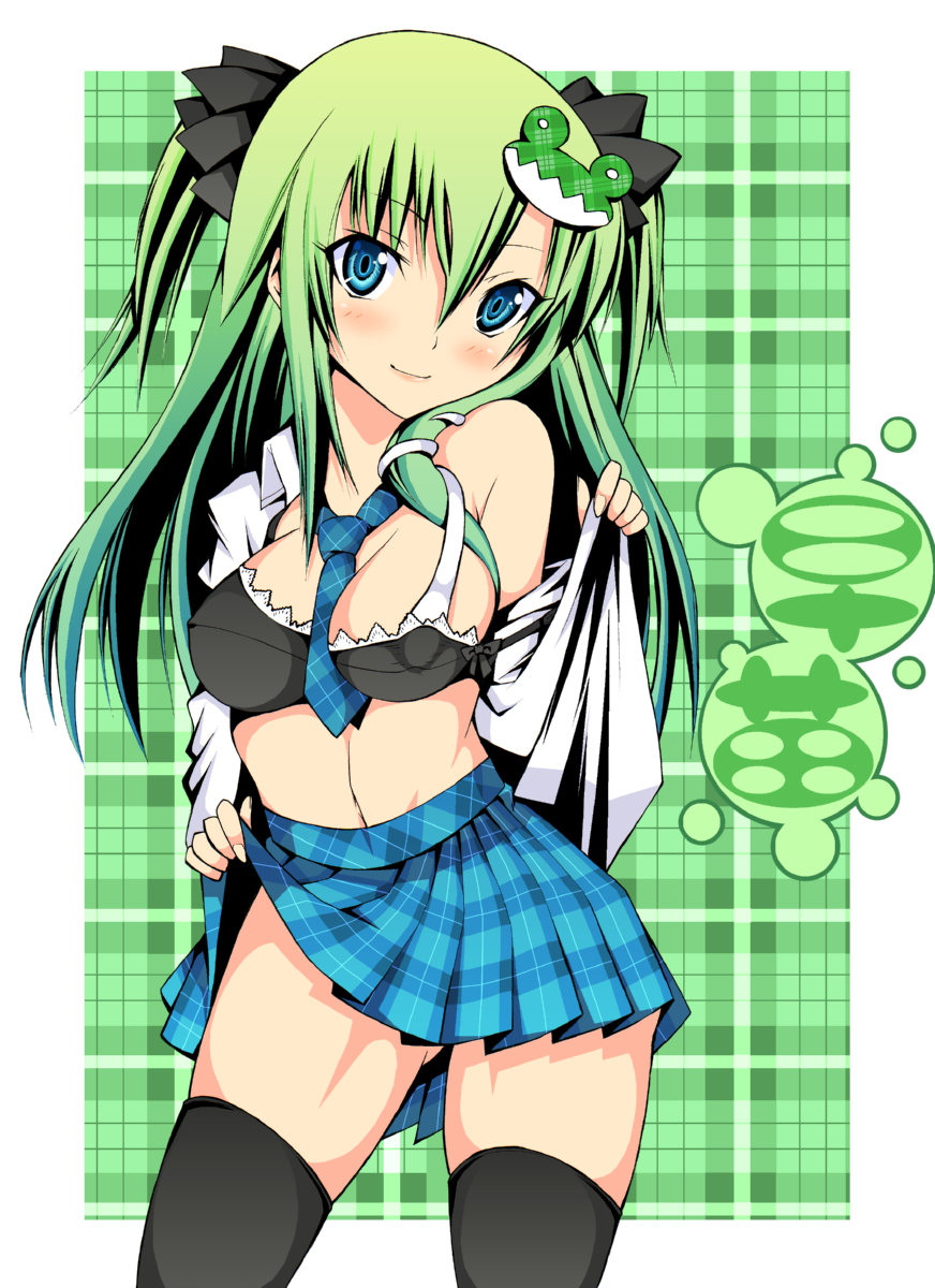 daive, kochiya sanae, touhou, bad id, bad pixiv id, highres, 1girl, blue eyes, breasts, cleavage, clothes lift, female focus, green hair, large breasts, necktie, plaid clothes, plaid skirt, skirt, skirt lift, solo, thighhighs, twintails
