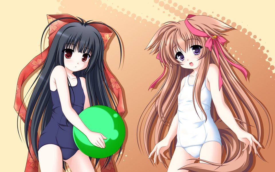 kakesu, mito mashiro, nue (tayutama), tayutama, 00s, 2girls, aged down, animal ears, ball, bell, black hair, bow, brown hair, flat chest, hair bell, hair bow, hair ornament, jingle bell, large bow, loli, long hair, multiple girls, one-piece swimsuit, purple eyes, red eyes, ribbon, school swimsuit, swimsuit, tail, white one-piece swimsuit, white school swimsuit