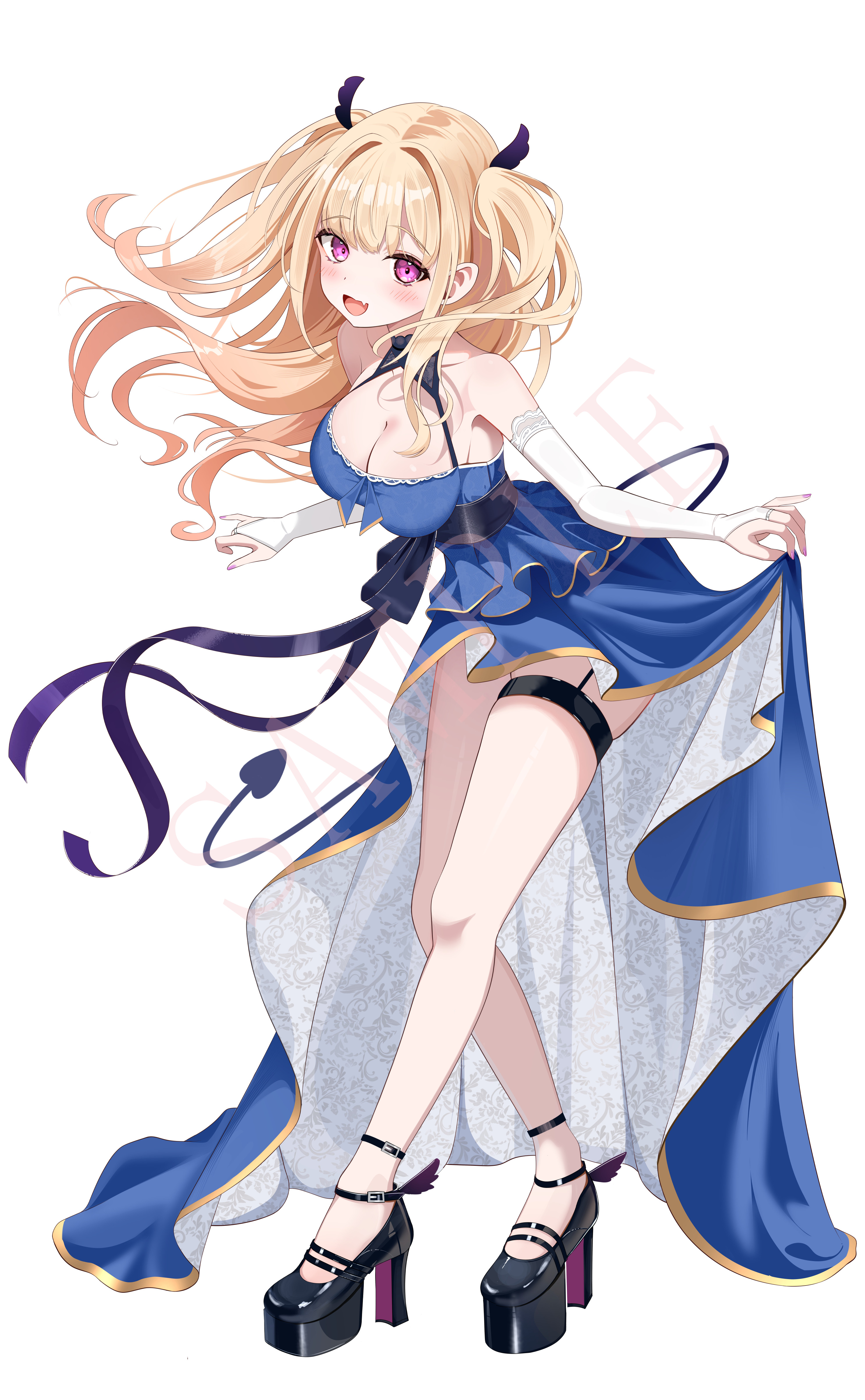 sikimosh, indie virtual youtuber, absurdres, character request, highres, 1girl, :d, bare shoulders, black boots, black bow, blonde hair, blue dress, blush, boots, bow, breasts, bridal gauntlets, cleavage, cleavage cutout, clothing cutout, collarbone, dress, dress bow, fang, floating hair, formal clothes, full body, hair between eyes, hair intakes, hair ornament, hands up, high heel boots, high heels, large breasts, leaning forward, long dress, long hair, looking at viewer, nail polish, open mouth, purple eyes, purple nails, sample watermark, simple background, skin fang, skindentation, skirt hold, sleeveless, sleeveless dress, smile, solo, standing, thigh strap, thighs, two side up, virtual youtuber, watermark, white background, white bridal gauntlets, wing hair ornament