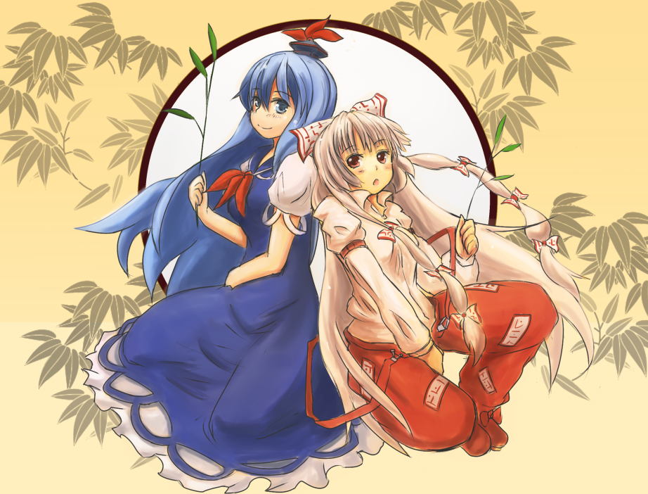 kokotetsu, fujiwara no mokou, kamishirasawa keine, touhou, silver hair, bad id, bad pixiv id, 2girls, blue eyes, blue hair, female focus, hair ribbon, hat, long hair, multiple girls, red eyes, ribbon