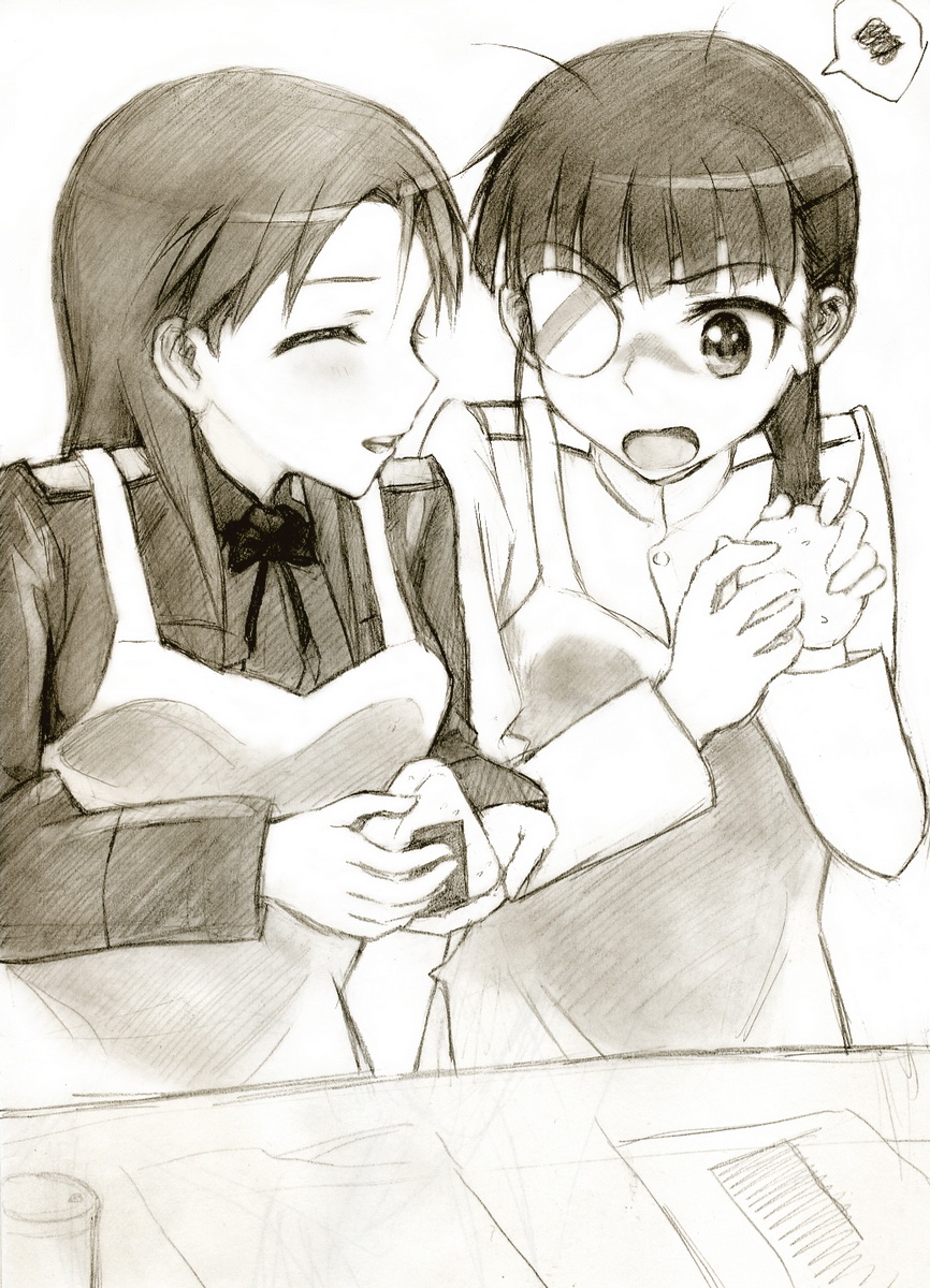kisetsu, minna-dietlinde wilcke, sakamoto mio, strike witches, world witches series, bad id, bad pixiv id, highres, 00s, 2girls, apron, cooking, eyepatch, food, monochrome, multiple girls, onigiri, sepia, sketch