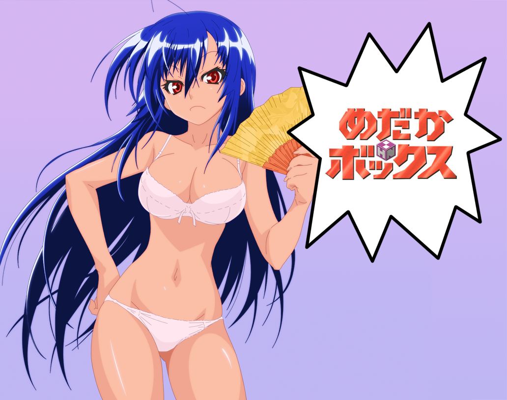 kurokami medaka, medaka box, translated, blue hair, bra, hand fan, lingerie, long hair, panties, red eyes, underwear, underwear only