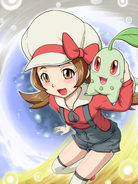 gouguru, chikorita, lyra (pokemon), nintendo, pokemon, pokemon hgss, 00s, 1girl, blush, breasts, brown eyes, brown hair, cleavage, gen 2 pokemon, hat, hat ribbon, holding, kneehighs, medium breasts, newsboy cap, overalls, pokemon (creature), red ribbon, ribbon, short twintails, smile, socks, thighhighs, twintails