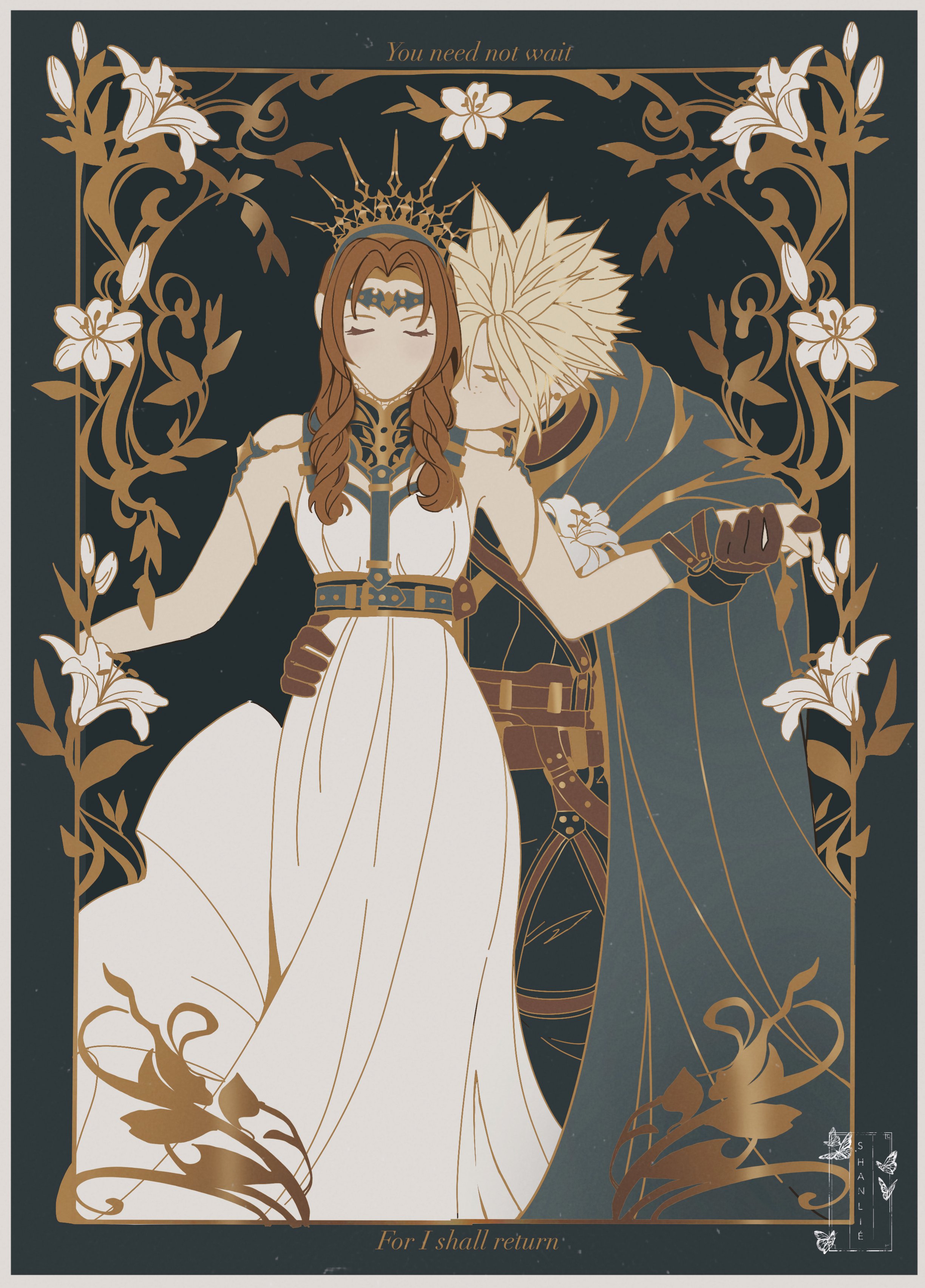 shanlieart, aerith gainsborough, aerith gainsborough (loveless dress), cloud strife, cloud strife (alphreid costume), final fantasy, final fantasy vii, final fantasy vii rebirth, final fantasy vii remake, absurdres, highres, 1boy, 1girl, artist name, belt, black background, black jacket, black pants, blonde hair, blue cloak, border, breasts, brown belt, brown gloves, brown hair, chest harness, circlet, cloak, closed eyes, couple, cowboy shot, crown, dress, earrings, english text, flower, gloves, grey border, hair between eyes, hand on another's waist, harness, hetero, holding hands, jacket, jewelry, lily (flower), long dress, long hair, medium breasts, official alternate costume, pants, parted bangs, princess rosa costume, short hair, sidelocks, single earring, sleeveless, sleeveless dress, spiked hair, white dress, white flower