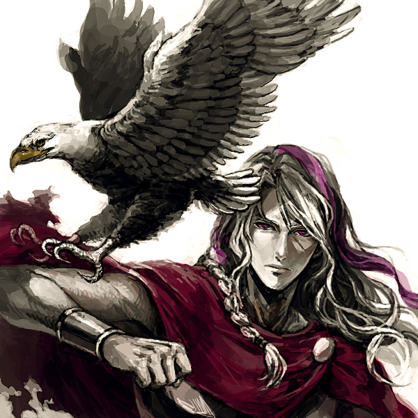 midori310 (pixiv), sasahara ami, eleuseus, moira, sound horizon, 1boy, bird, braid, brooch, cape, eagle, jewelry, long hair, looking at viewer, male focus, purple eyes, solo, white background, white hair, wrist cuffs