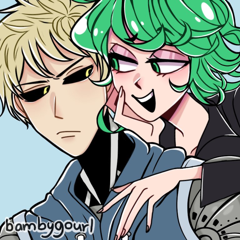 bambygourl, genos, tatsumaki, one-punch man, commentary, english commentary, 1boy, 1girl, artist name, black dress, black sclera, blonde hair, closed mouth, colored sclera, cyborg, dress, green eyes, green hair, looking at another, mechanical arms, messy hair, open mouth, short hair, smile, teeth, twitter username, yellow eyes