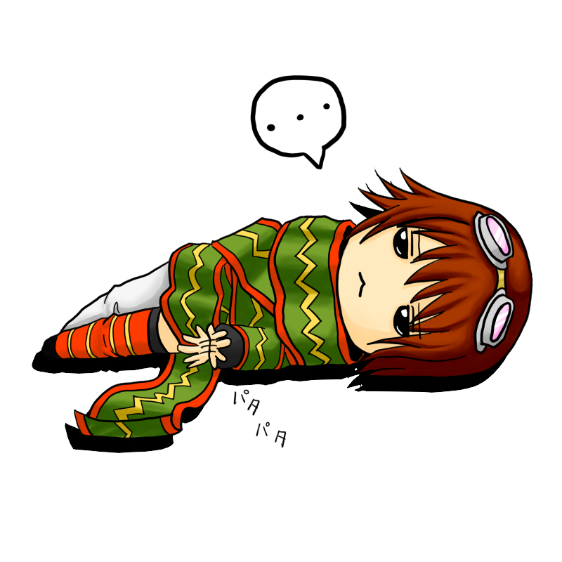 sowel (sk3), rita mordio, tales of (series), tales of vesperia, bad id, bad pixiv id, 00s, 1girl, brown hair, chibi, female focus, goggles, pantyhose, short hair, single leg pantyhose, solo