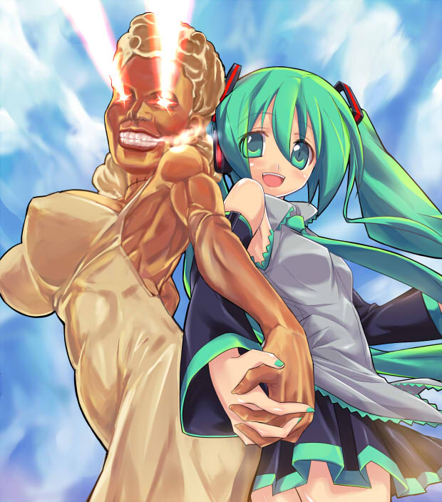 eeeeee, hatsune miku, sweet ann, macross, macross frontier, vocaloid, bad id, bad pixiv id, 2girls, aqua eyes, aqua hair, back-to-back, blonde hair, breasts, detached sleeves, eye beam, glowing, glowing eyes, grin, holding hands, large breasts, lion (macross frontier), long hair, multiple girls, necktie, parody, skirt, smile, smoke, twintails, what