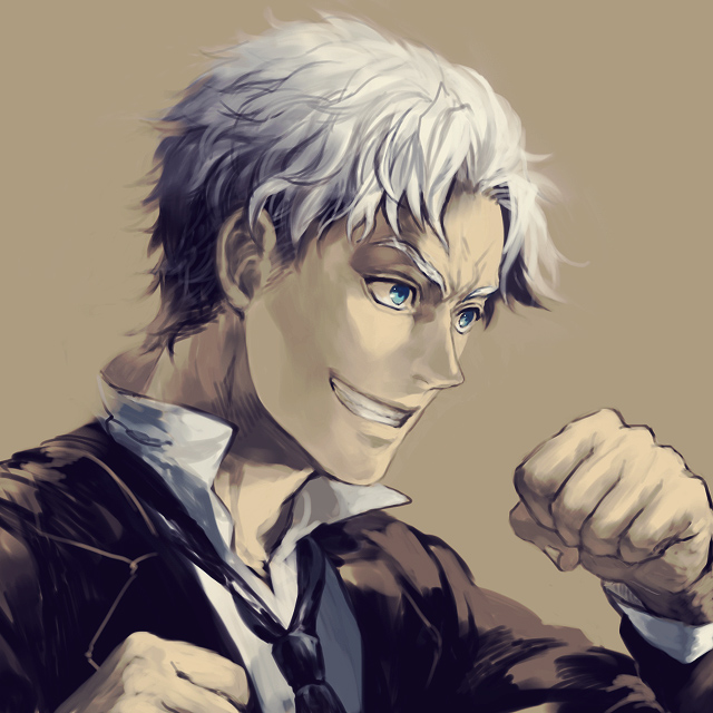 midori310 (pixiv), sasahara ami, ladd russo, baccano!, silver hair, 00s, 1boy, blue eyes, male focus, necktie, short hair, simple background, smile, solo