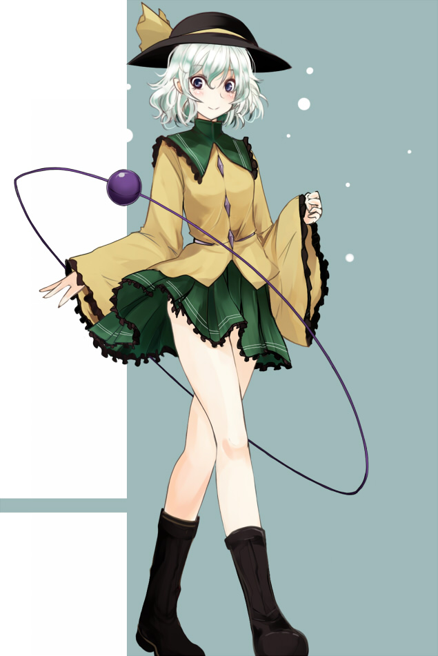 takaharu, komeiji koishi, touhou, bad id, bad pixiv id, 1girl, black boots, black hat, blouse, blue eyes, blush, boots, clothes lift, female focus, green hair, hair between eyes, hat, legs, shirt, short hair, skirt, skirt lift, solo