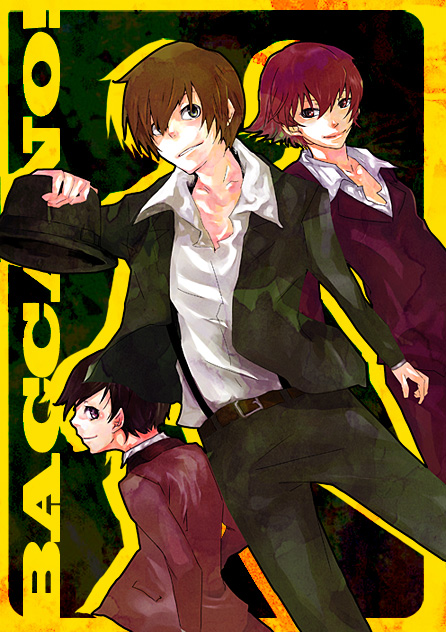 kinou (momen), kinu (p kinu22), czeslaw meyer, ennis, firo prochainezo, baccano!, bad id, bad pixiv id, 00s, 1girl, 2boys, androgynous, belt, black hair, black suit, brown hair, dress shirt, formal clothes, hat, jacket, multiple boys, open clothes, red hair, red suit, shirt, short hair, smirk, suit, suspenders, white shirt