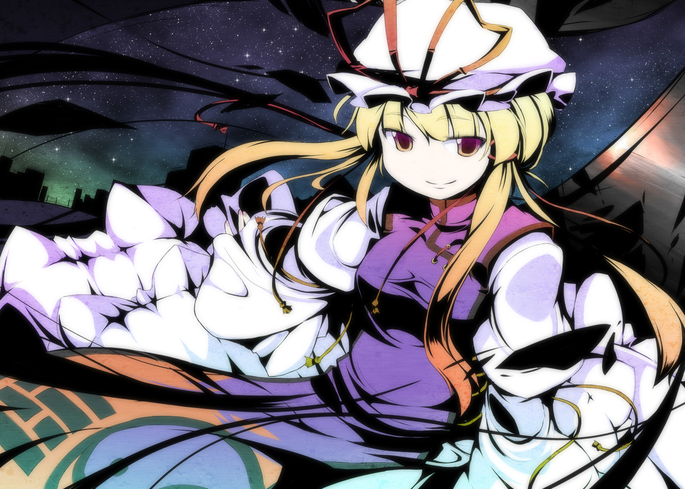 asakura masatoki, yakumo yukari, touhou, 1girl, blonde hair, female focus, hat, mob cap, night, red eyes, sky, solo, star (sky), star (symbol), starry sky