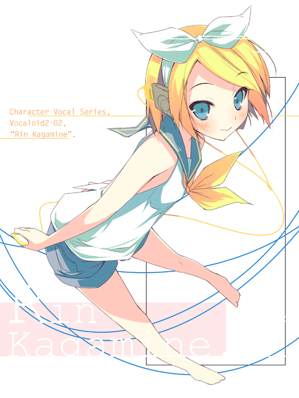 mizoguchi keiji, kagamine rin, vocaloid, barefoot, blonde hair, blue eyes, blush, digital media player, hair ribbon, headphones, ipod, ribbon, shorts, smile, solo