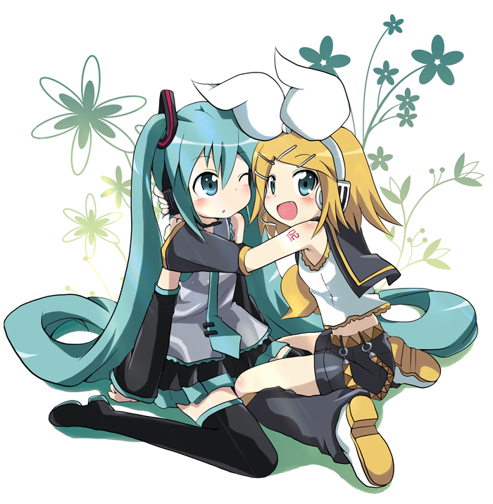 massala, hatsune miku, kagamine rin, vocaloid, bad id, bad pixiv id, aqua eyes, aqua hair, blonde hair, fang, hair ornament, hair ribbon, hairclip, headphones, headset, hug, kneeling, long hair, ribbon, shorts, thighhighs, twintails, very long hair