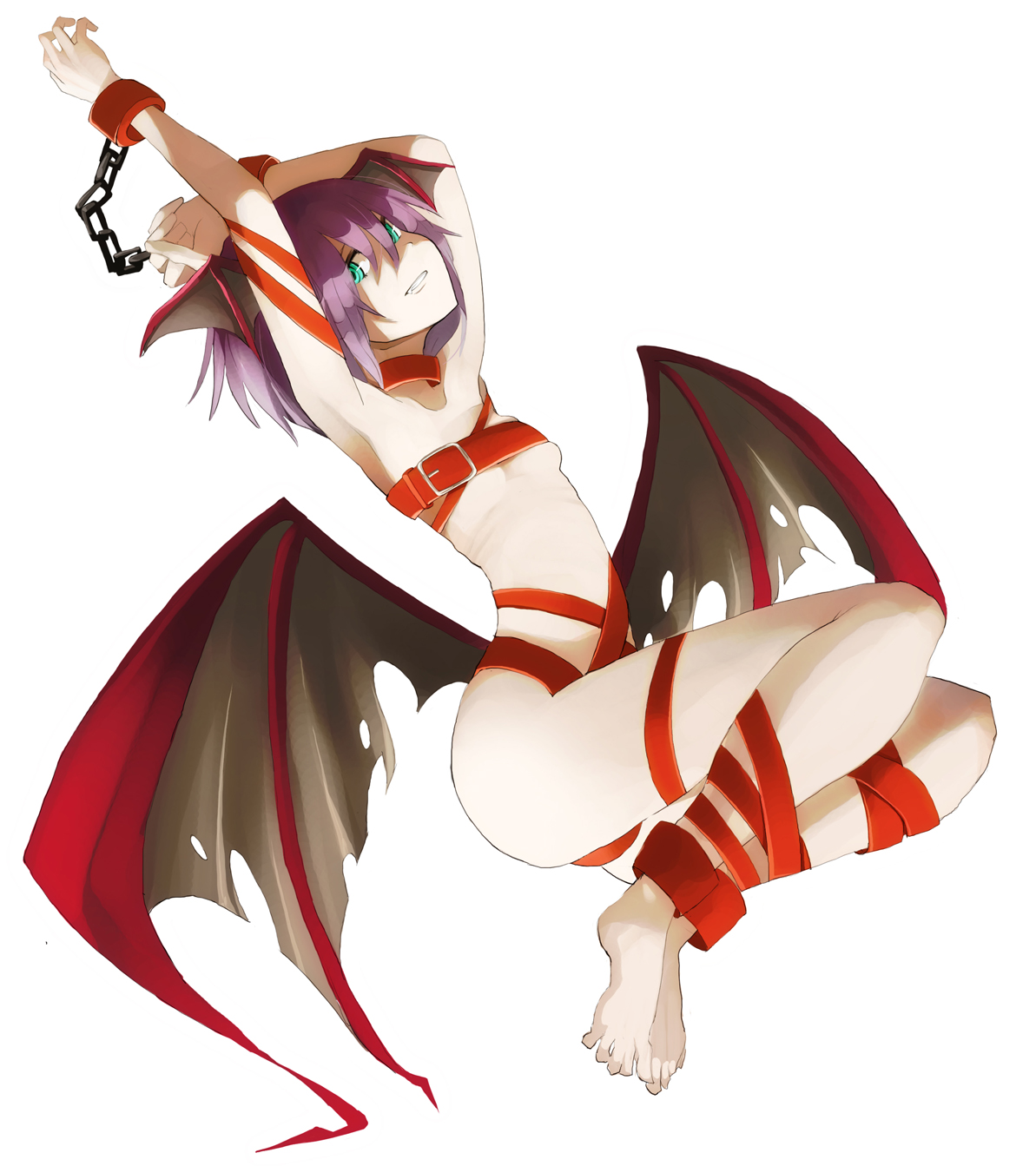 tansuke, lilith (darkstalkers), capcom, darkstalkers, highres, 1girl, barefoot, bat wings, bdsm, belt bra, bondage, bound, chain, demon girl, fang, feet, female focus, flat chest, low wings, pink hair, purple hair, short hair, solo, wings