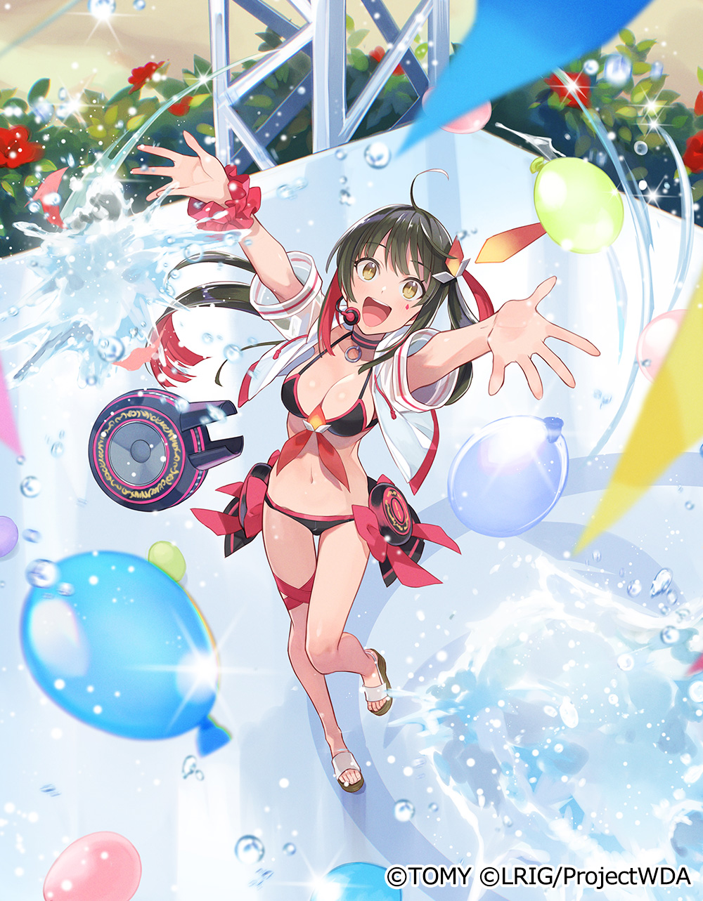 yuko (uc yuk), yuzuki (wixoss), wixoss, highres, official art, 1girl, ahoge, bikini, black bikini, breasts, brown hair, brown sandals, cleavage, colored inner hair, copyright notice, cropped jacket, jacket, looking at viewer, medium breasts, multicolored hair, open mouth, outdoors, outstretched arms, red hair, red scrunchie, sandals, scrunchie, see-through clothes, see-through jacket, smile, solo, swimsuit, teeth, thigh strap, upper teeth only, white jacket, yellow eyes