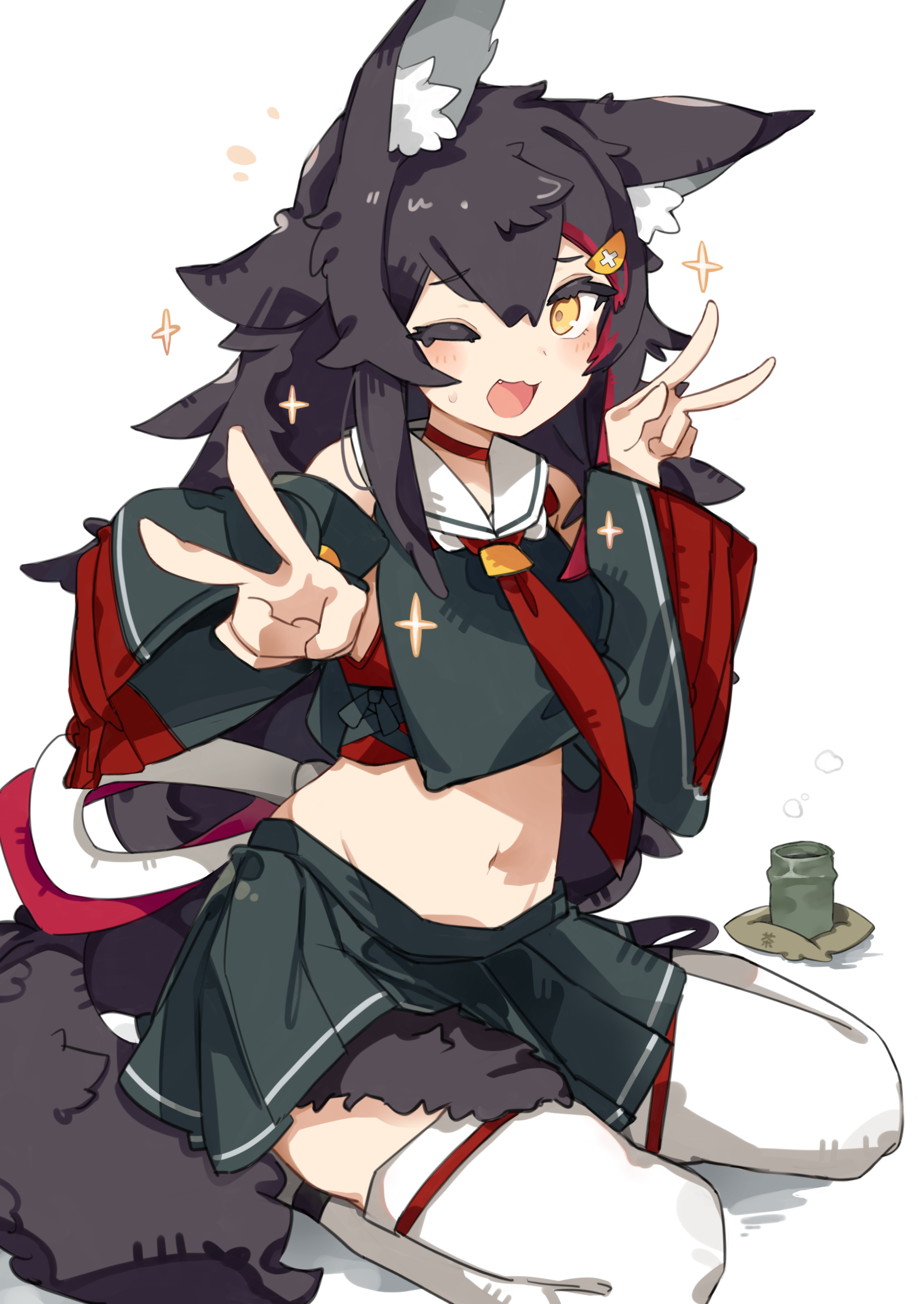 tntl nemui, ookami mio, ookami mio (1st costume), hololive, absurdres, commentary, highres, 1girl, :d, animal ear fluff, animal ears, black hair, black skirt, black sleeves, black tail, choker, crop top, cross-laced slit, cup, detached sleeves, dot nose, double v, fang, flipped hair, full body, hair between eyes, hair ornament, hairclip, hands up, japanese clothes, light blush, long hair, looking at viewer, midriff, miniskirt, multicolored hair, navel, necktie, one eye closed, open mouth, pleated skirt, raised inner eyebrows, red choker, red hair, red necktie, red streaks, sailor collar, sidelocks, simple background, sitting, skirt, smile, solo, spiked hair, star (symbol), steam, streaked hair, sweatdrop, tail, thighhighs, two-tone hair, v, very long hair, virtual youtuber, white background, white sailor collar, white thighhighs, wolf ears, wolf girl, wolf tail, yellow eyes, yokozuwari