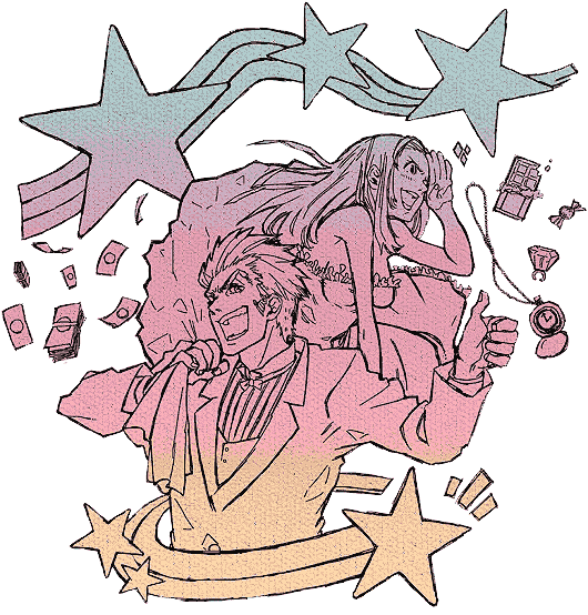 fumi, moni0608, isaac dian, miria harvent, baccano!, bad id, bad pixiv id, 00s, 1boy, 1girl, :d, formal clothes, long hair, long sleeves, looking at viewer, open mouth, simple background, smile, star (symbol), suit, teeth, thumbs up, transparent background, very long hair, white background