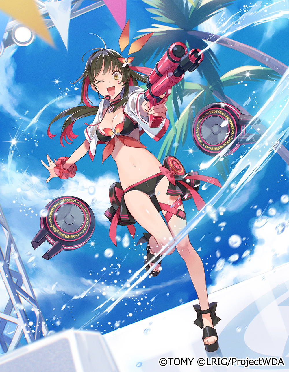 yuko (uc yuk), yuzuki (wixoss), wixoss, highres, official art, 1girl, bikini, black bikini, black choker, black sandals, brown hair, choker, colored inner hair, copyright notice, cropped jacket, holding, holding water gun, jacket, long hair, looking at viewer, multicolored hair, navel, one eye closed, open mouth, ponytail, red hair, red scrunchie, sandals, scrunchie, see-through clothes, see-through jacket, smile, solo, swimsuit, teeth, upper teeth only, water gun, white jacket, yellow eyes