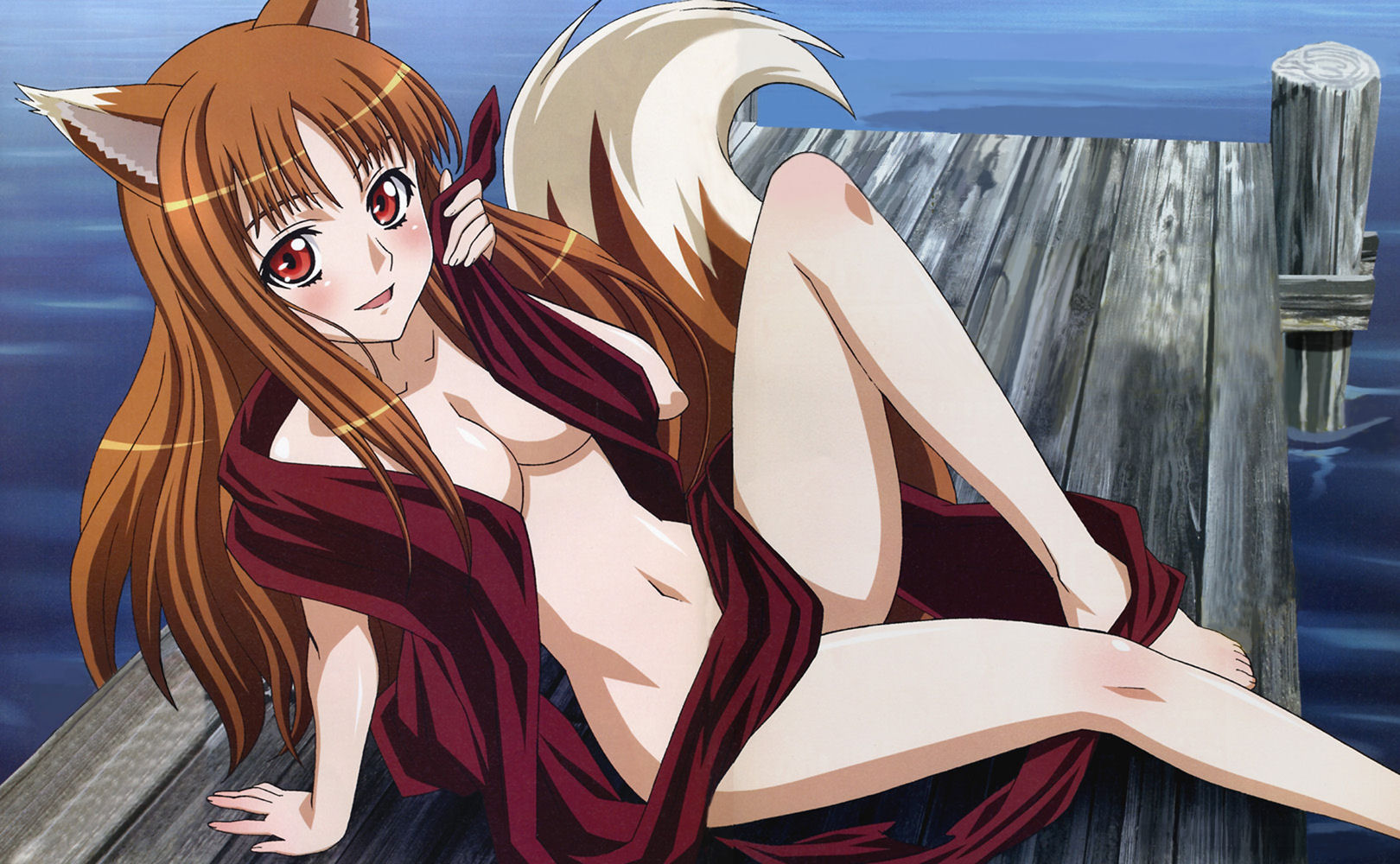 shinohara kenji, holo, spice and wolf, alternate breast size, highres, non-web source, 00s, 1girl, :d, animal ears, arm support, barefoot, blush, breasts, brown hair, censored, cleavage, completely nude, convenient censoring, dock, female focus, knee up, leaning back, long hair, looking at viewer, navel, nude, open mouth, orange hair, outdoors, red eyes, smile, solo, tail, very long hair, water, wolf ears, wolf tail