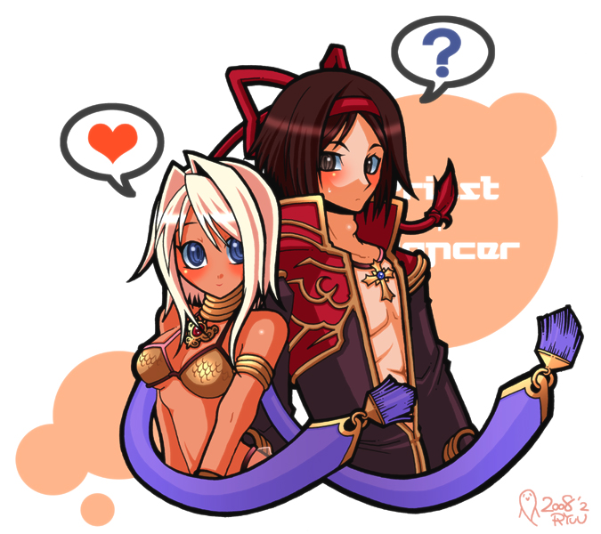 dancer (ragnarok online), priest (ragnarok online), ragnarok online, commentary request, 1boy, 1girl, 2000s (style), 2008, ?, bikini, black coat, blue eyes, blush, breasts, brown eyes, brown hair, character name, closed mouth, coat, cross, cross necklace, expressionless, gem, hair intakes, hair ribbon, hairband, heart, jewelry, long sleeves, looking at viewer, medium breasts, multicolored coat, neck ring, necklace, red coat, red gemstone, red hairband, red ribbon, ribbon, ryuu (5lden age), spoken heart, spoken question mark, swimsuit, two-tone coat, upper body, white background, white hair, yellow bikini