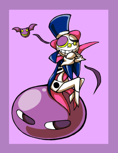 ozu, ozu (pixiv), dapper bones, puyo (puyopuyo), madou monogatari, puyopuyo, puyopuyo fever, bat (animal), clenched teeth, closed eyes, formal clothes, glasses, hat, no humans, own hands clasped, own hands together, purple background, purple puyo, sitting, skeleton, smile, tailcoat, teeth, top hat