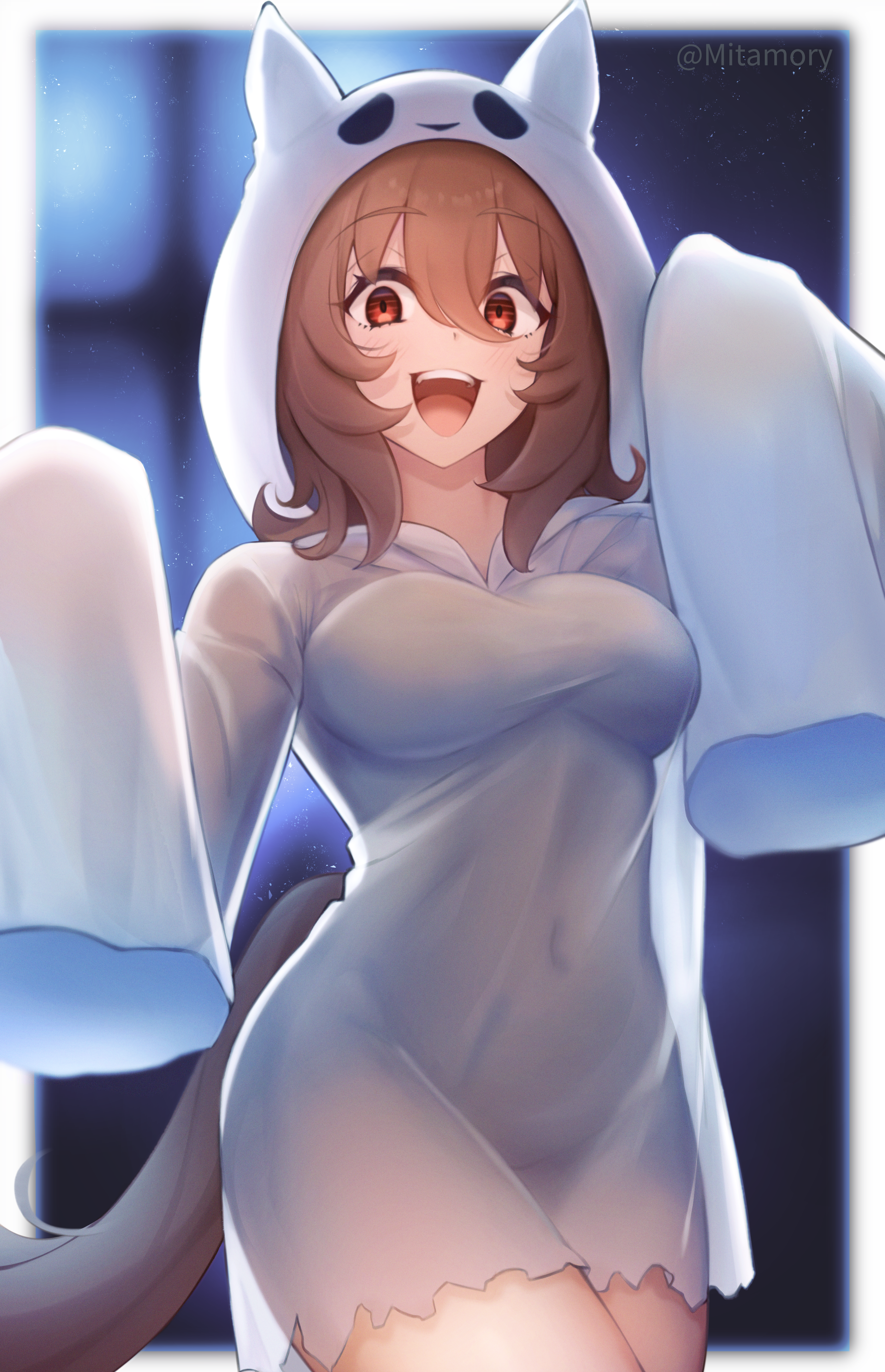mitamory, agnes tachyon (umamusume), umamusume, absurdres, commentary, highres, 1girl, alternate costume, animal ears, blurry, blurry background, breasts, brown eyes, brown tail, covered navel, dress, ghost costume, ghost pose, hair between eyes, halloween costume, hands up, horse ears, horse girl, horse tail, large breasts, looking at viewer, medium hair, open mouth, red eyes, sheet ghost, sleeves past fingers, sleeves past wrists, smile, solo, tail, thighs, white dress
