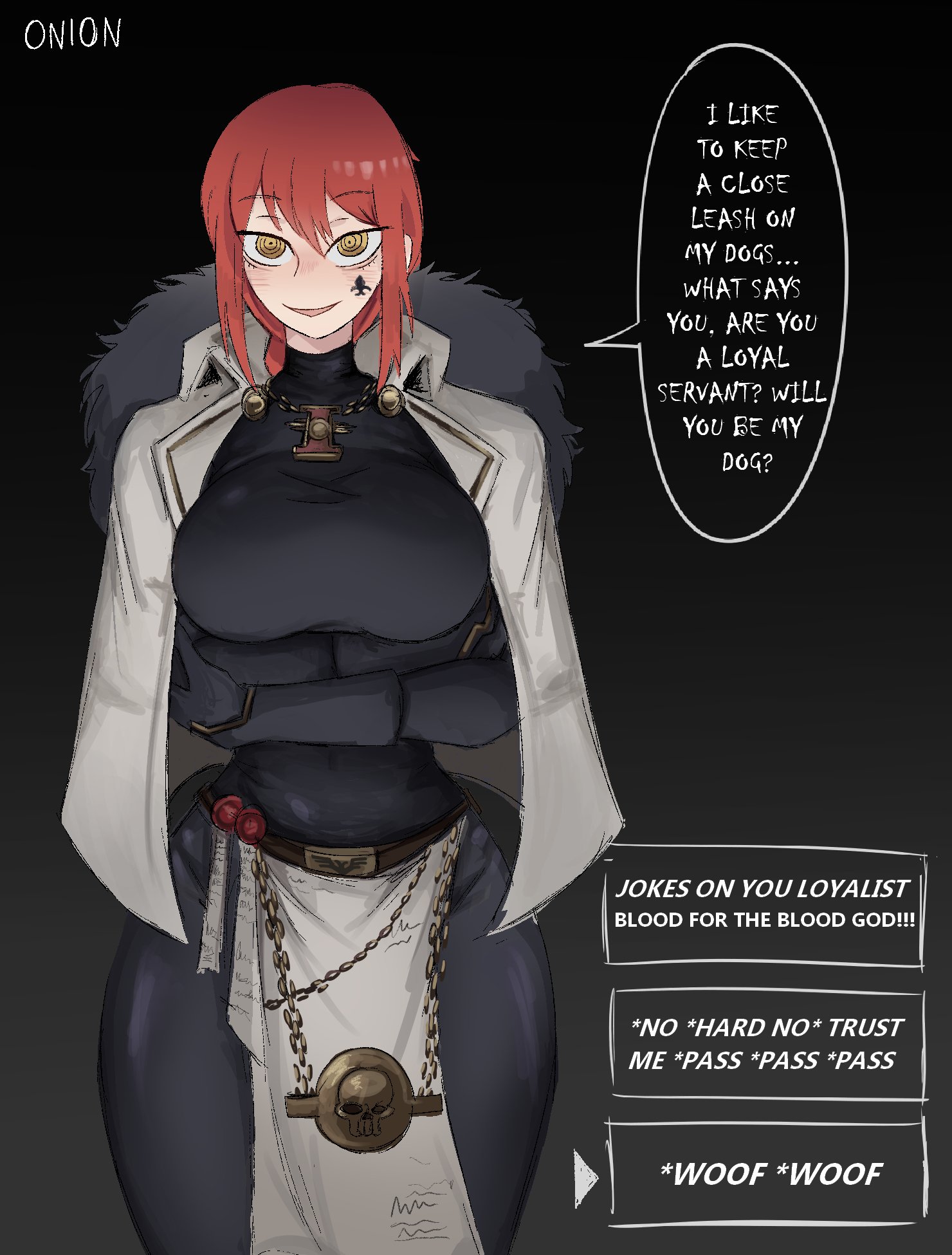 odd onion, makima (chainsaw man), chainsaw man, warhammer 40k, character request, commentary, english commentary, highres, 1girl, alternate costume, black bodysuit, bodysuit, breasts, crossed arms, english text, facial mark, fur trim, jacket, large breasts, looking at viewer, open mouth, pelvic curtain, red hair, ringed eyes, solo, speech bubble, white jacket, yellow eyes