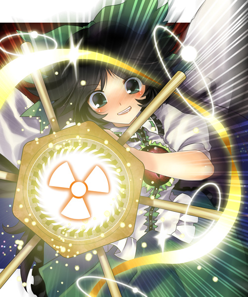 katahira masashi, reiuji utsuho, touhou, 1girl, aiming, aiming at viewer, arm cannon, black hair, black wings, blush, female focus, green eyes, hair ribbon, hexagon, radiation symbol, radioactive, ribbon, skirt, solo, third eye, weapon, wings