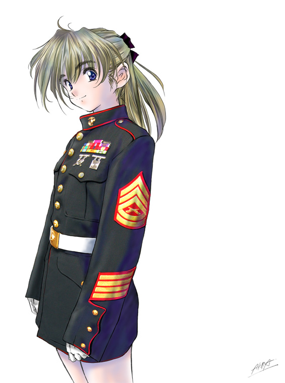 oofuji reiichirou, united states marine corps, light brown hair, gender request, androgynous, belt, blonde hair, blue eyes, buttons, gloves, jarhead, medal, military, military uniform, no pants, pantyhose, ponytail, signature, soldier, solo