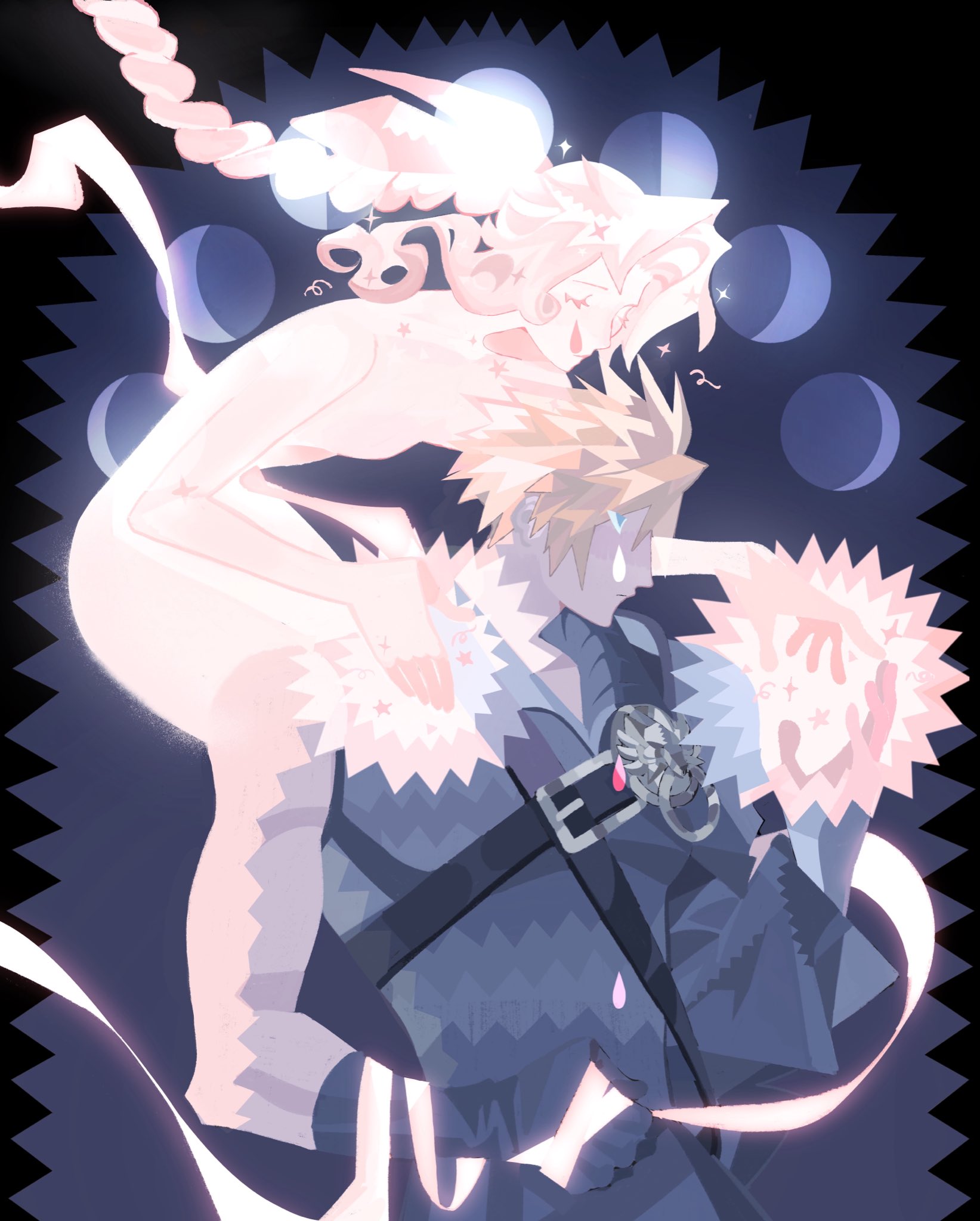 jaysoysaucee, aerith gainsborough, cloud strife, fenrir (final fantasy), final fantasy, final fantasy vii, final fantasy vii advent children, highres, 1boy, 1girl, armor, black border, black gloves, black vest, blonde hair, blue eyes, border, braid, braided ponytail, breasts, chest strap, closed eyes, gloves, glowing hands, grey background, hair between eyes, hair ribbon, hand on another's shoulder, hetero, long hair, medium breasts, moon phases, parted bangs, pauldrons, pink ribbon, ribbon, short hair, shoulder armor, sidelocks, single bare shoulder, single braid, single pauldron, sparkle, spiked hair, spirit, tears, upper body, vest