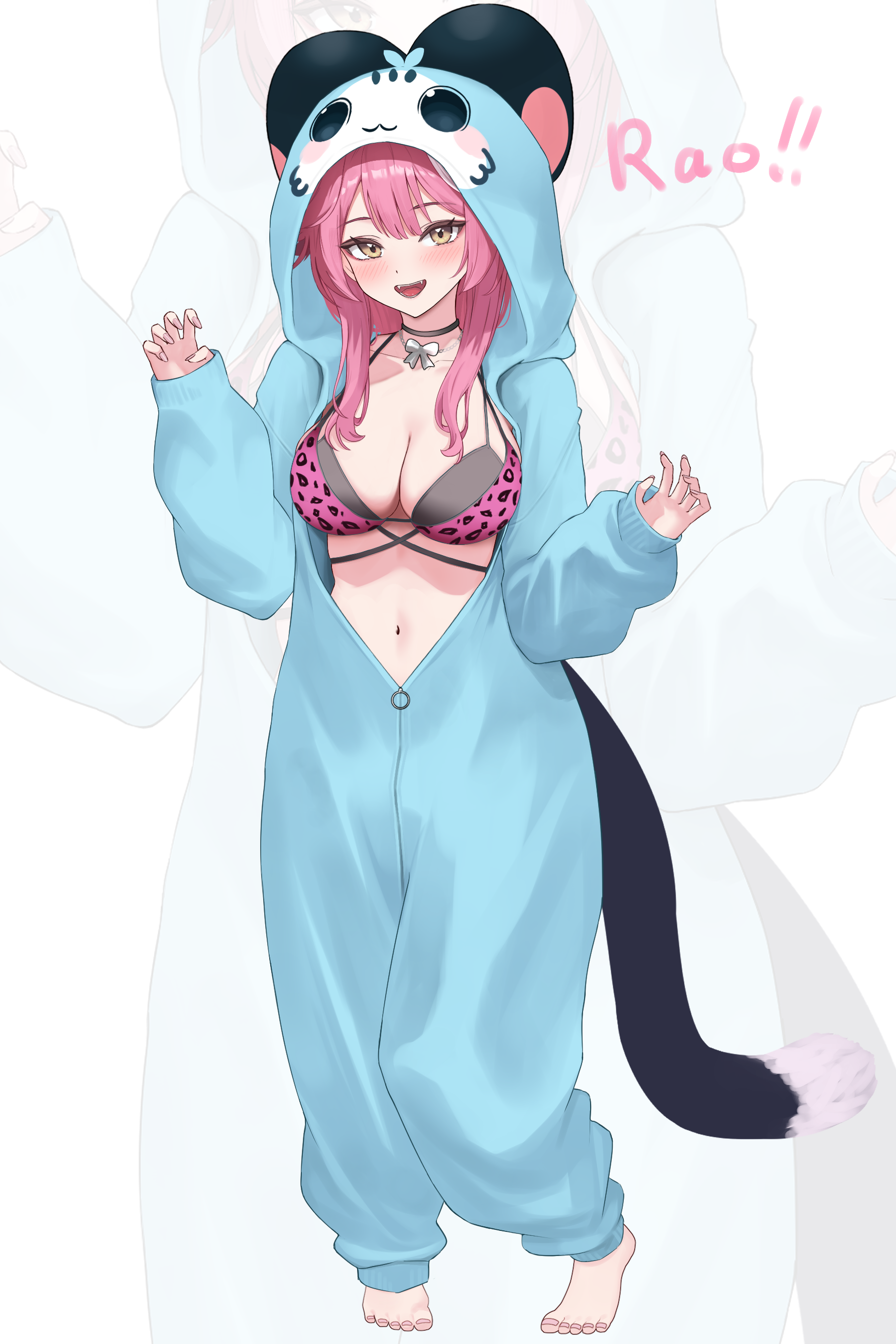 4kebidayo, chattino (raora panthera), raora panthera, hololive, hololive english, absurdres, commentary, highres, 1girl, animal costume, animal print, barefoot, bikini, black choker, blue hood, blush, bow necklace, breasts, choker, claw pose, cleavage, collarbone, cosplay, fangs, fingernails, jewelry, kigurumi, large breasts, leopard print, leopard print bikini, long hair, long sleeves, looking at viewer, multicolored hair, nail polish, navel, necklace, open mouth, partially unzipped, pink bikini, pink hair, print bikini, sleeves past wrists, smile, stomach, streaked hair, swimsuit, teeth, virtual youtuber, white background, yellow eyes, zoom layer
