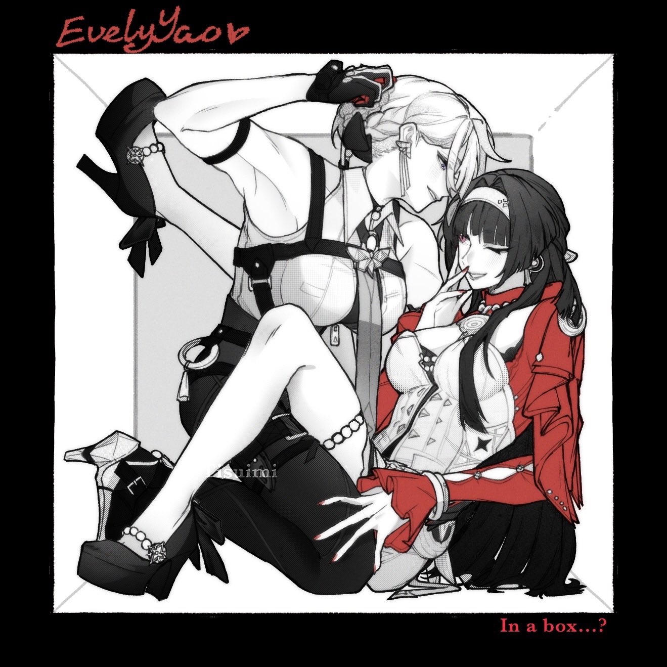 suimi esse, astra yao, evelyn chevalier, zenless zone zero, commentary, english commentary, highres, 2girls, armpits, between legs, breasts, cleavage, collared shirt, dress, greyscale, hair bun, hairband, high heels, large breasts, long hair, looking at another, monochrome, multiple girls, muscular, muscular female, one eye closed, pants, red dress, shirt, smile, spot color, stuck in a box, thigh strap, yuri