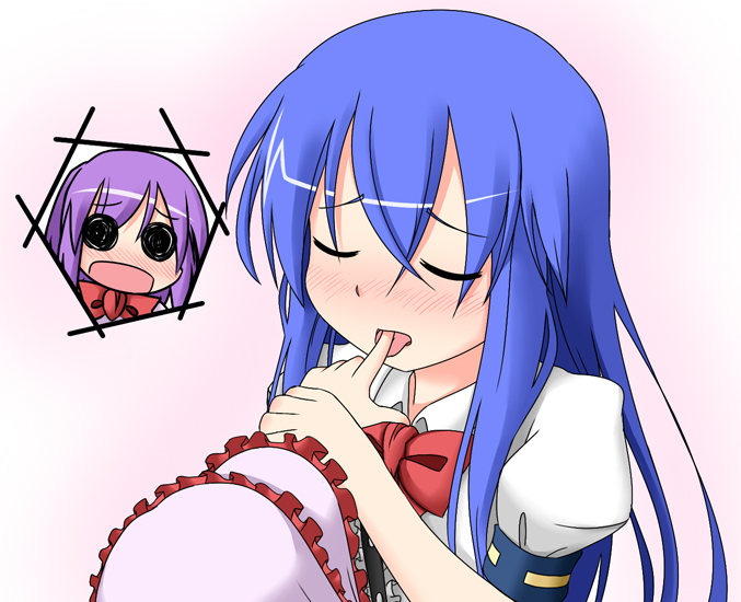 ichimi, hinanawi tenshi, nagae iku, touhou, 2girls, blue hair, blush, female focus, inset, licking, licking finger, long hair, multiple girls, no headwear