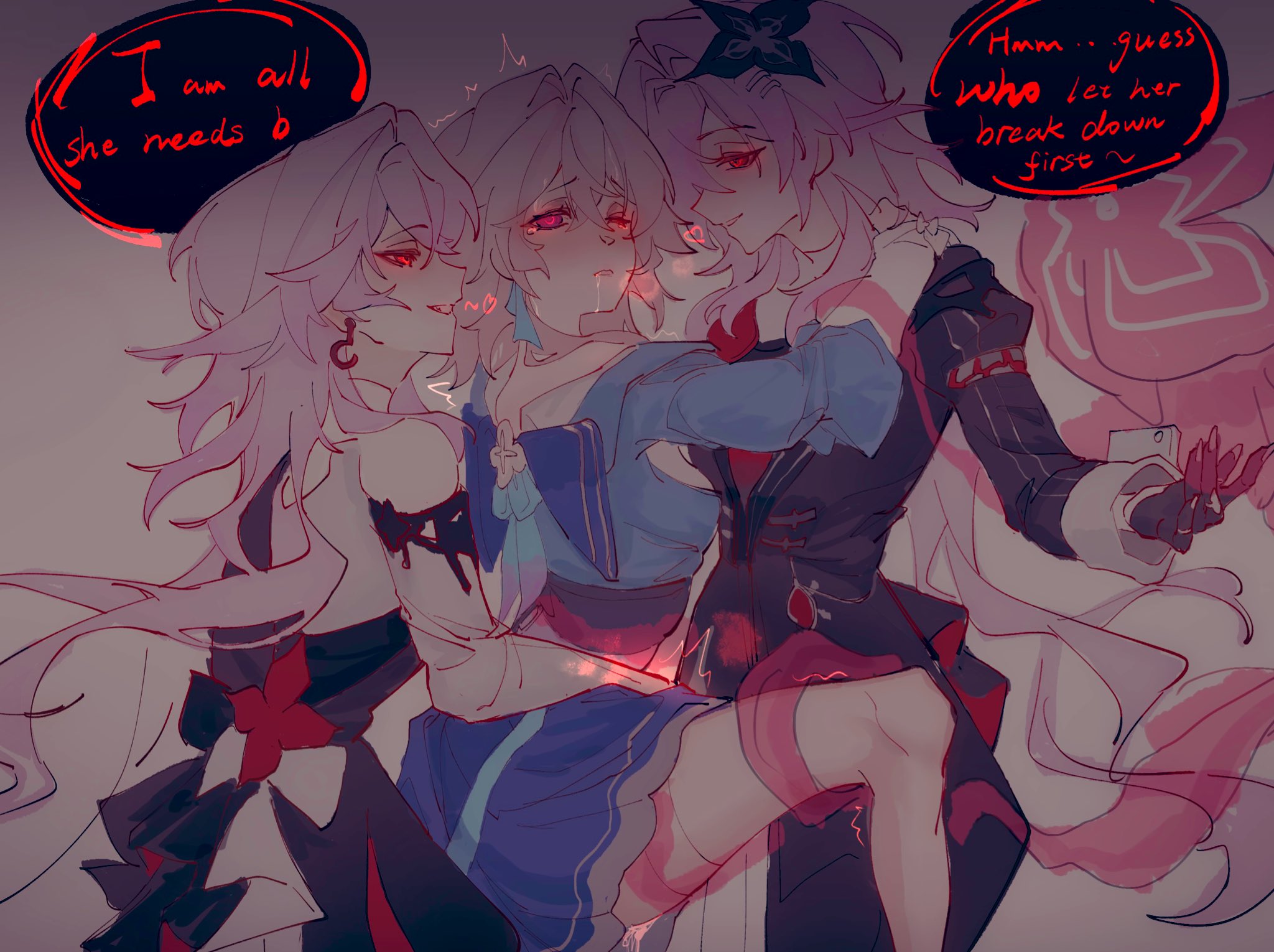 evernight (honkai: star rail), march 7th (honkai: star rail), honkai: star rail, honkai (series), commentary, english commentary, highres, 3girls, black dress, blue shirt, blue skirt, dress, drooling, earrings, english text, fff threesome, glowing, glowing eyes, group sex, hand on another's shoulder, heart, implied fingering, jewelry, long hair, multiple girls, multiple persona, parted lips, pink hair, pussy juice, reach-around, red eyes, saliva, selfcest, shirt, skirt, smile, speech bubble, tentacles, threesome, whale dreamed fire, yuri