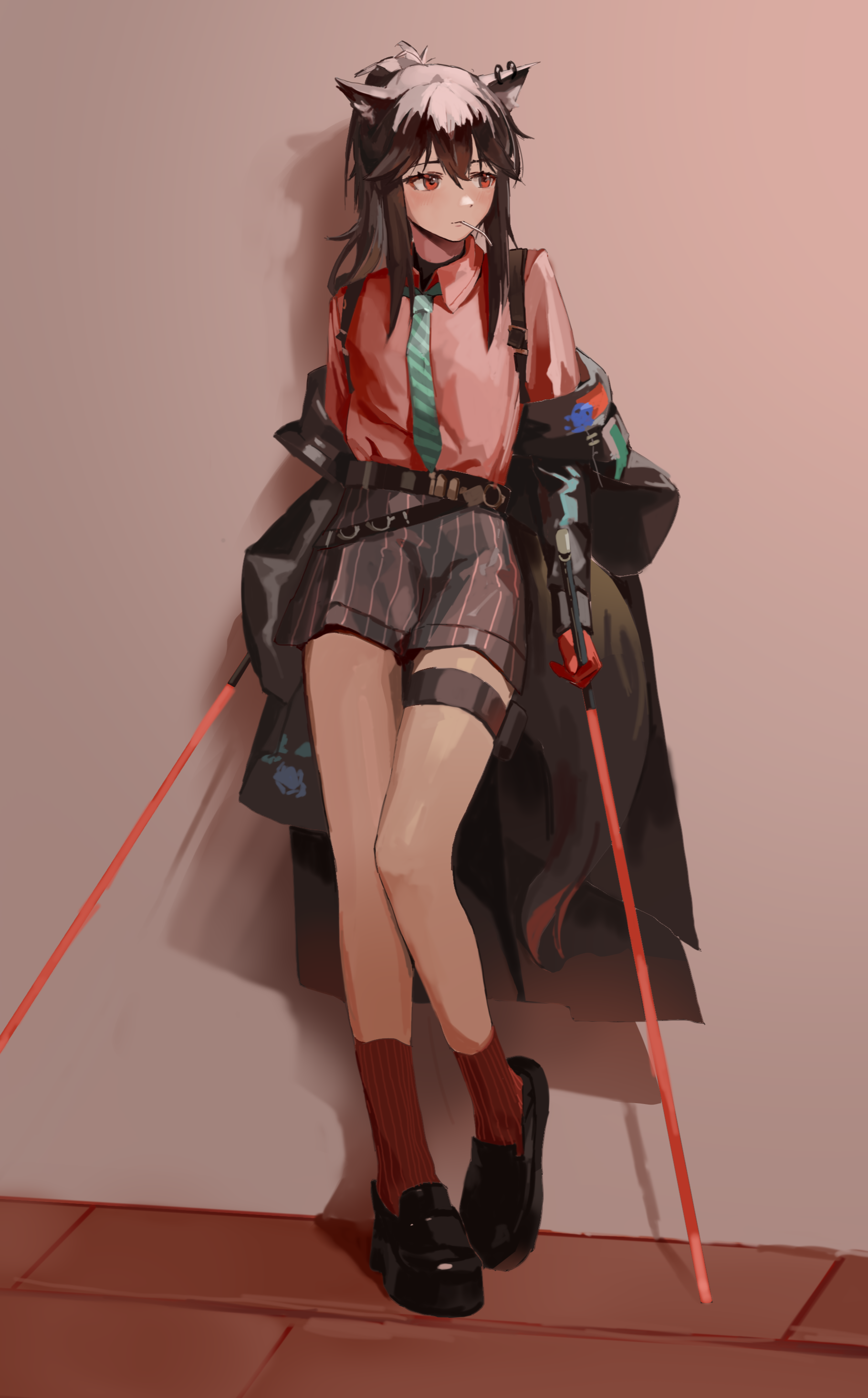 texas (arknights), texas (willpower) (arknights), arknights, absurdres, highres, 1girl, animal ear piercing, animal ears, belt, black belt, black hair, black shoes, black shorts, brown socks, dual wielding, full body, gloves, green necktie, hair between eyes, holding, holding sword, holding weapon, kneehighs, looking to the side, medium hair, mouth hold, necktie, official alternate costume, orange eyes, orange gloves, orange shirt, shadow, shirt, shoes, shorts, sidelocks, socks, solo, standing, striped clothes, striped shorts, suwell, sword, thigh strap, vertical-striped clothes, vertical-striped shorts, weapon, wolf ears, wolf girl