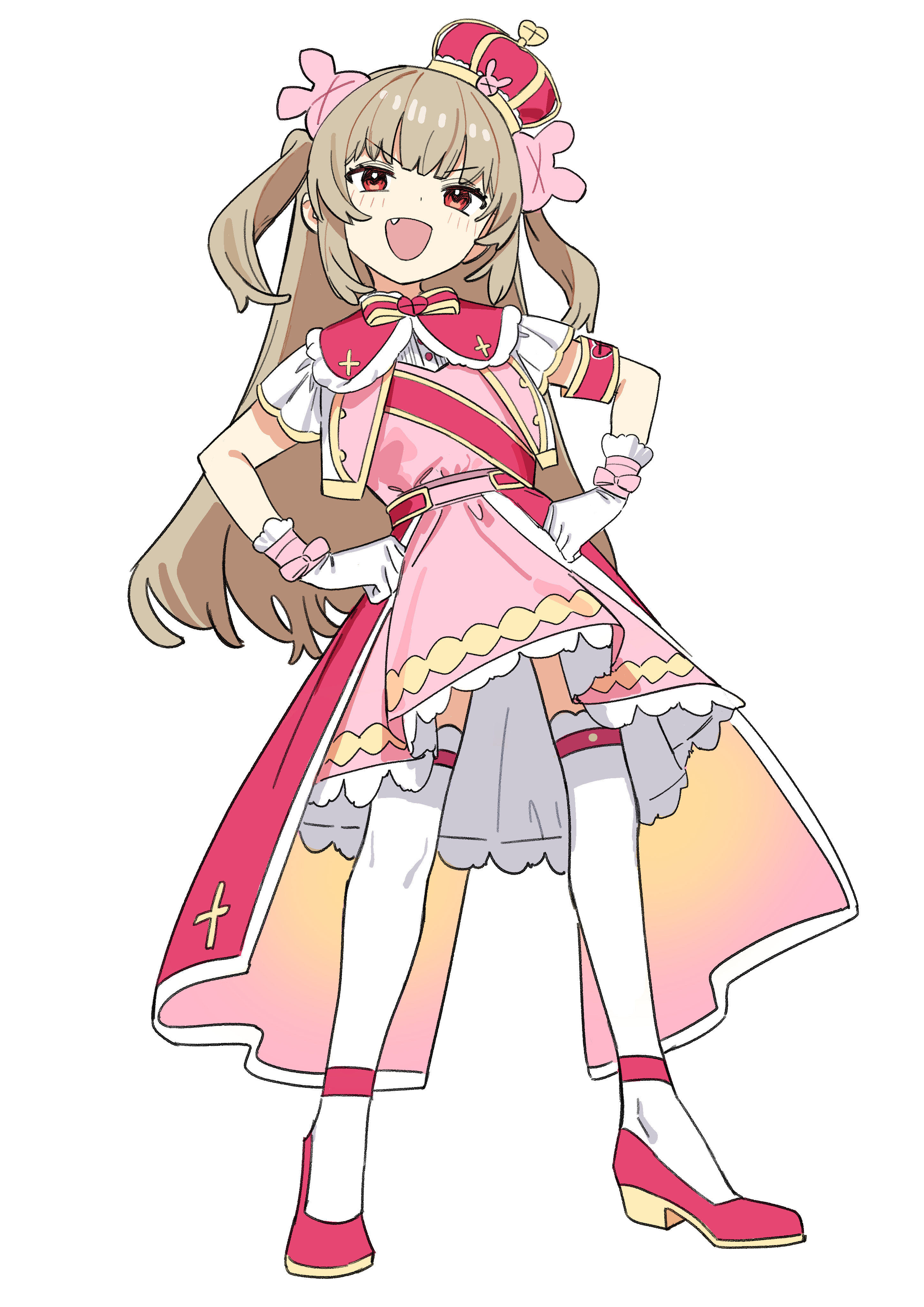 haruyuki (gffewuoutgblubh), natori sana, sana channel, absurdres, highres, 1girl, :d, arched crown, blunt bangs, bow, brown hair, cape, capelet, cross, crown, dot nose, dress, fang, from below, full body, fur-trimmed capelet, fur trim, glove bow, gloves, hair ornament, hands on own hips, legs apart, light blush, long hair, looking at viewer, mini crown, open mouth, pink bow, pink cape, pink capelet, pink dress, rabbit hair ornament, red crown, red eyes, red sash, red shoes, sash, shoes, shoulder sash, sidelocks, simple background, smile, smug, solo, standing, thighhighs, tilted headwear, two side up, v-shaped eyebrows, very long hair, virtual youtuber, waist cape, white background, white gloves, white thighhighs