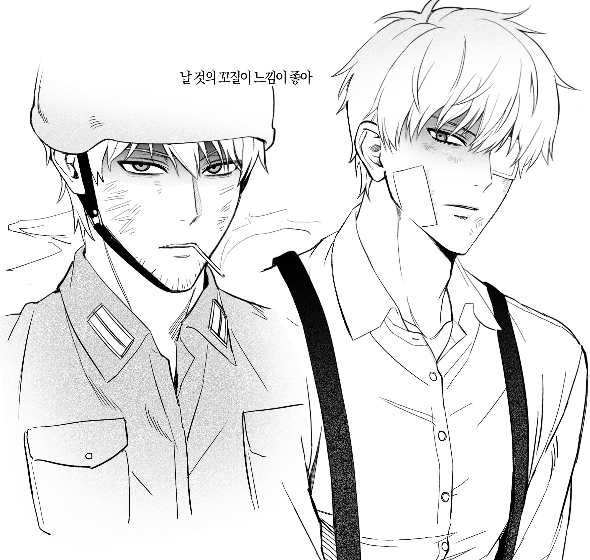 yslloq, twilight (spy x family), spy x family, highres, 1boy, bandage on cheek, beard stubble, cigarette, collared shirt, dirty, dirty face, eyepatch, facial hair, greyscale, hair between eyes, helmet, korean text, looking at viewer, male focus, medical eyepatch, military uniform, monochrome, multiple views, parted lips, shaded face, shirt, smoke, smoking, solo, stubble, suspenders, white background, white shirt