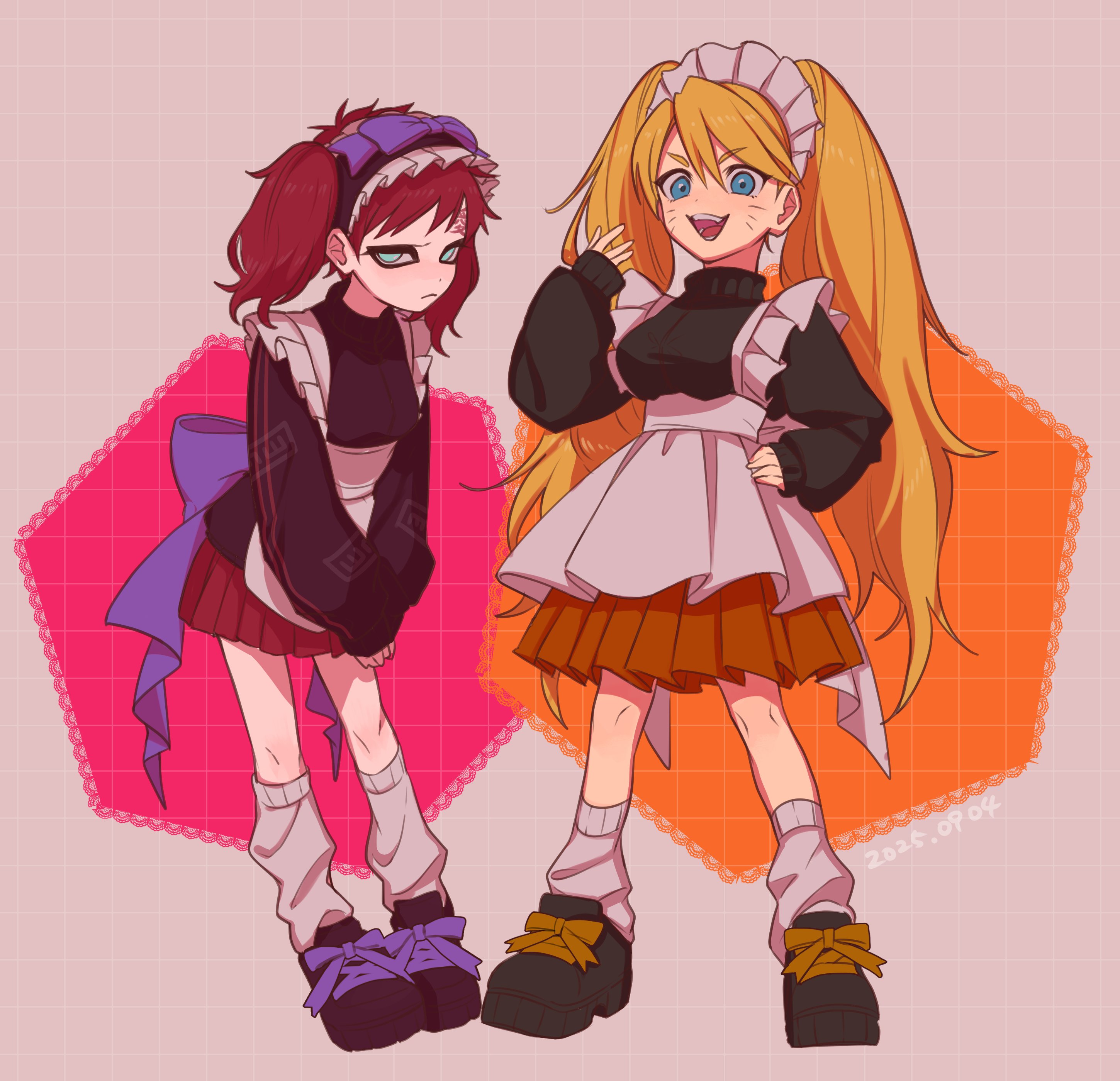 gaara (naruto), naruko (naruto), naruto (series), absurdres, highres, 2girls, apron, aqua eyes, black shoes, black sweater, blonde hair, blue bow, blue eyes, bow, breasts, facial mark, full body, furrowed brow, genderswap, genderswap (mtf), grid background, hair between eyes, hand on own hip, hotsandcoffee, light blush, light frown, long hair, loose socks, maid, maid apron, maid headdress, medium breasts, multiple girls, no eyebrows, open mouth, orange skirt, own hands together, pleated skirt, red hair, red skirt, scar, scar on face, scar on forehead, shoes, skirt, smile, socks, sweater, turtleneck, turtleneck sweater, twintails, whisker markings, white socks