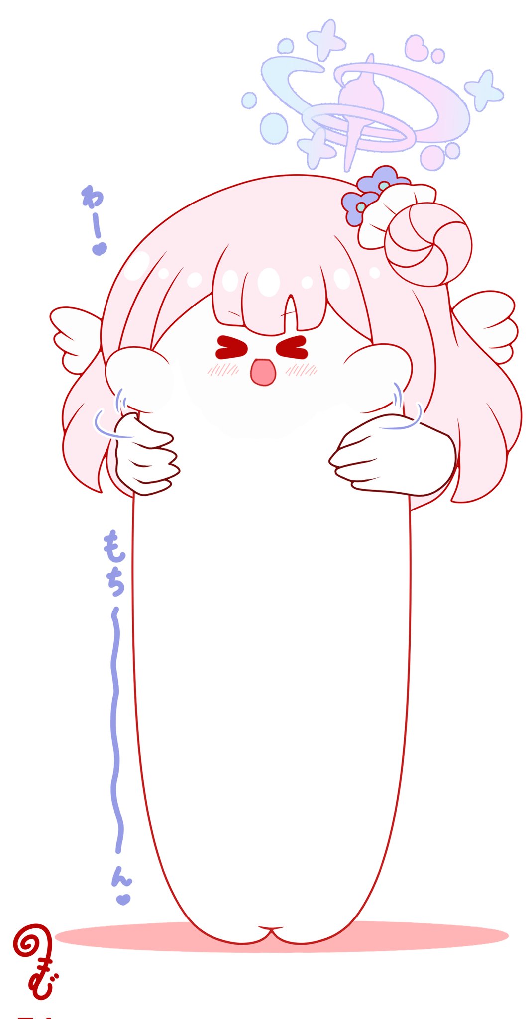 kurukurumagical, mika (blue archive), blue archive, commentary request, corrupted twitter file, highres, translation request, > <, :d, afterimage, blue flower, blush, closed eyes, colored shadow, disembodied hand, facing viewer, flower, hair bun, hair flower, hair ornament, halo, longcat (meme), meme, open mouth, shadow, simple background, single side bun, smile, solo focus, white background, xd