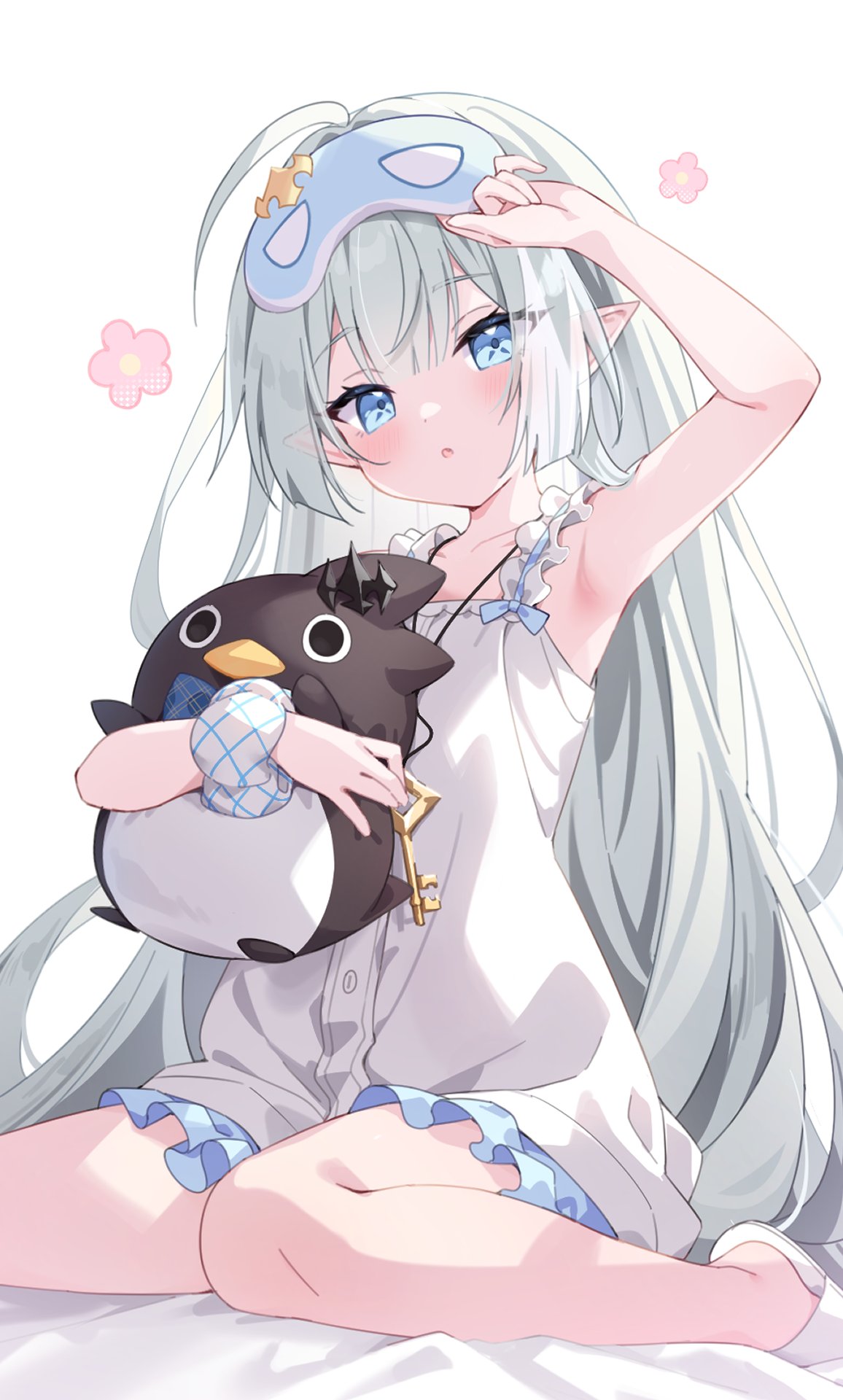 female tyrant (stella sora), tyrant (stella sora), stella sora, commentary, highres, making-of available, 1girl, :o, ahoge, armpits, blue eyes, collarbone, extra pupils, eye mask, fang, flat chest, frilled nightgown, grey hair, holding, holding stuffed toy, jewelry, key, key necklace, light blush, long hair, mask, necklace, nightgown, open mouth, pajamas, pointy ears, scrunchie, simple background, sitting, slippers, solo, stuffed animal, stuffed penguin, stuffed toy, umen n, very long hair, wariza, white background, white nightgown, white slippers, wrist scrunchie